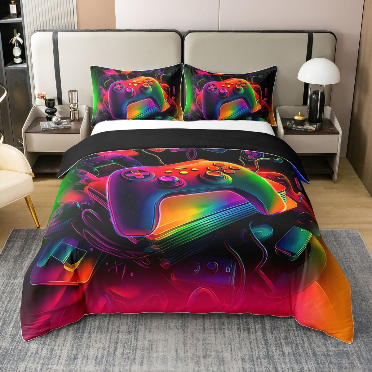 Homewish Set di biancheria da letto matrimoniale con copripiumino in cotone con console di gioco, moderno, stile astratto, vintage