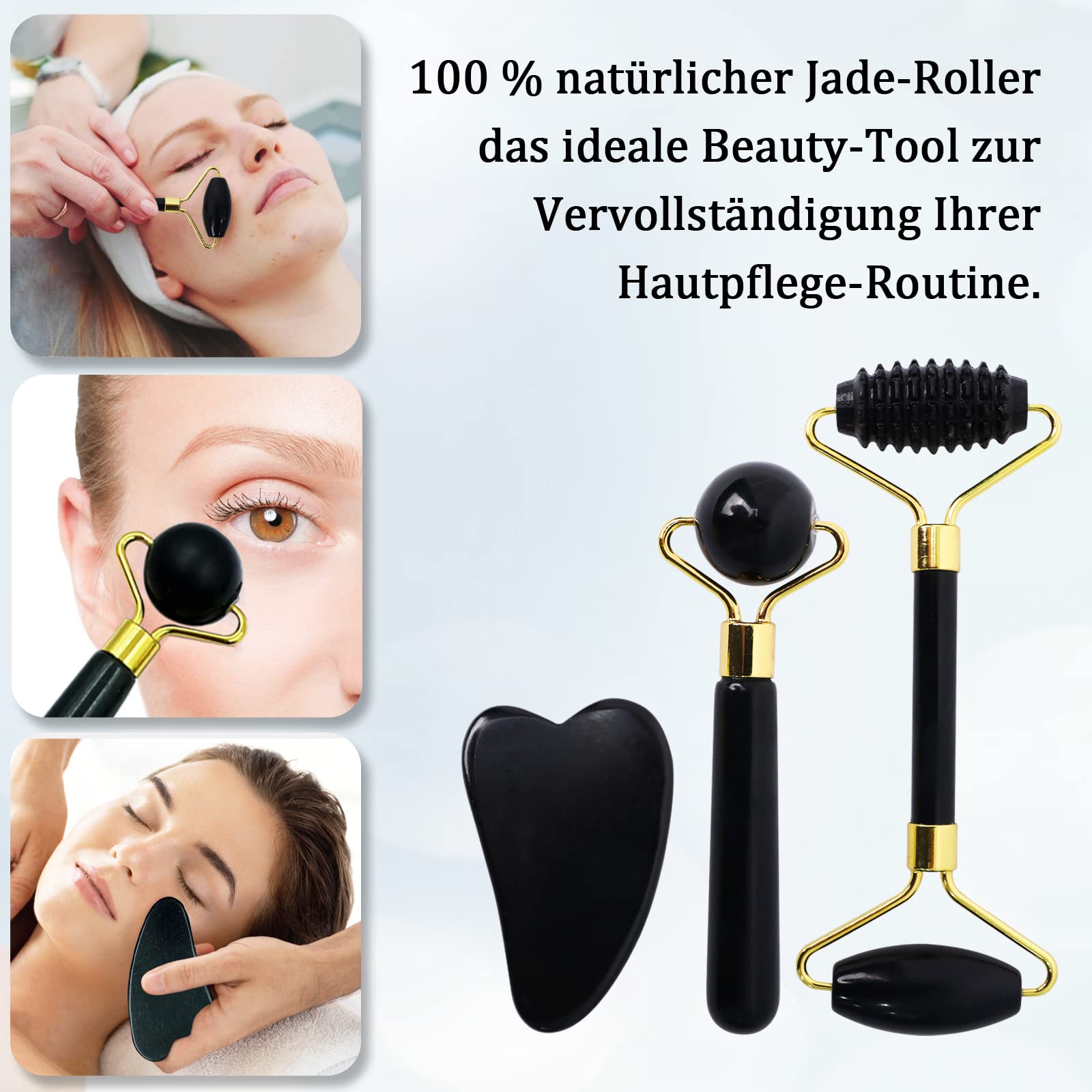 SOARFLY Jade Roller & Gua Sha Stone Set, 3-Piece Natural Obsidian Face Roller, Gua Sha Stone Massage Roller, Tightens Skin - Image 3
