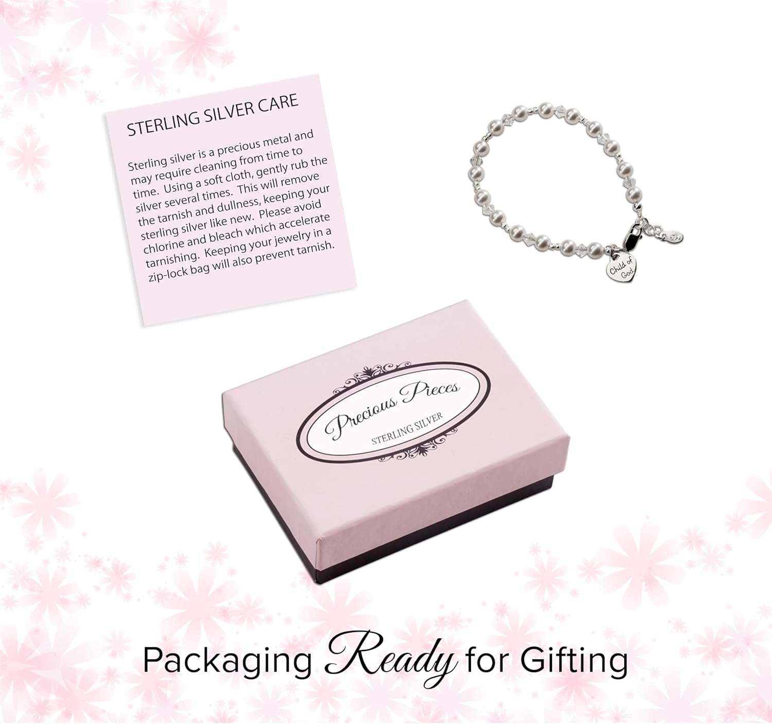 Precious Pieces Children's 925 Sterling Silver "Child of God" Heart Charm Bracelet with Simulated Pearls Baptism or First Communion Gift