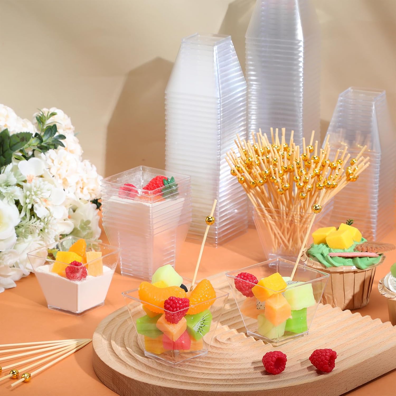 Reallnaive 4 oz 150 Pcs Mini Appetizer Charcuterie Cups Plastic Kova Cups with 100 Pcs Cocktail Sticks for Party Clear Parfait Square for Mousse Puddings Layered Cakes Salad Appetizer