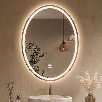 Keonjinn 40 x 30 Inch Oval LED Bathroom Mirror with Frontlit and Backlit