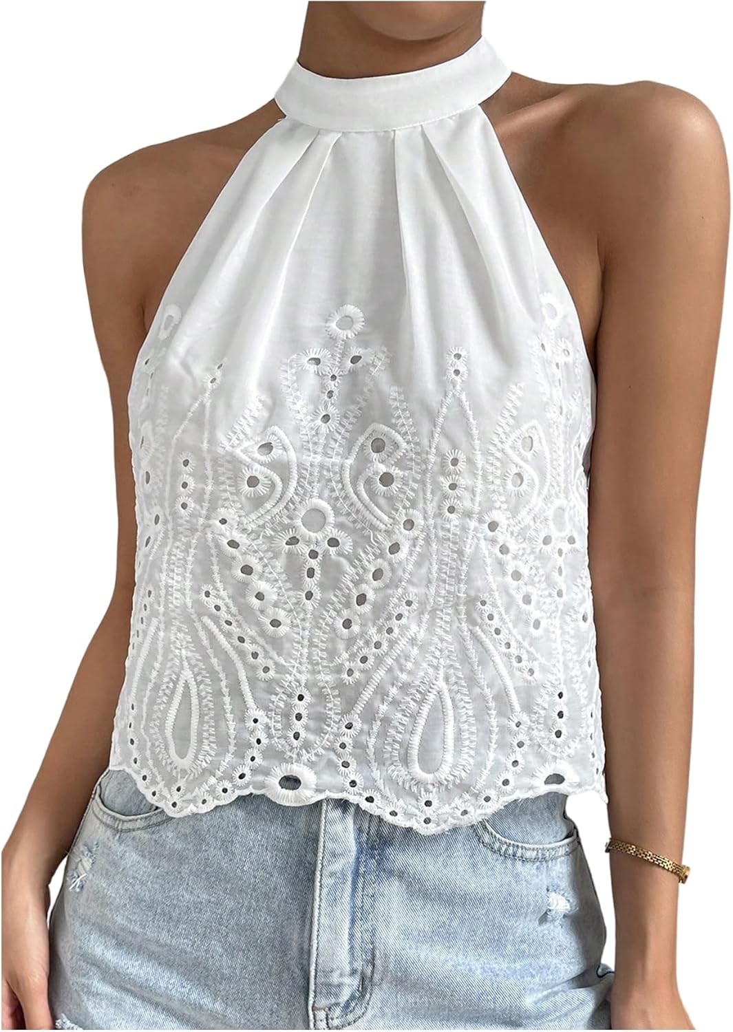 SHENHE Women's High Neck Halter Tank Tops Eyelet Hollow Out Keyhole Back Sleeveless Boho Going Out Blouse