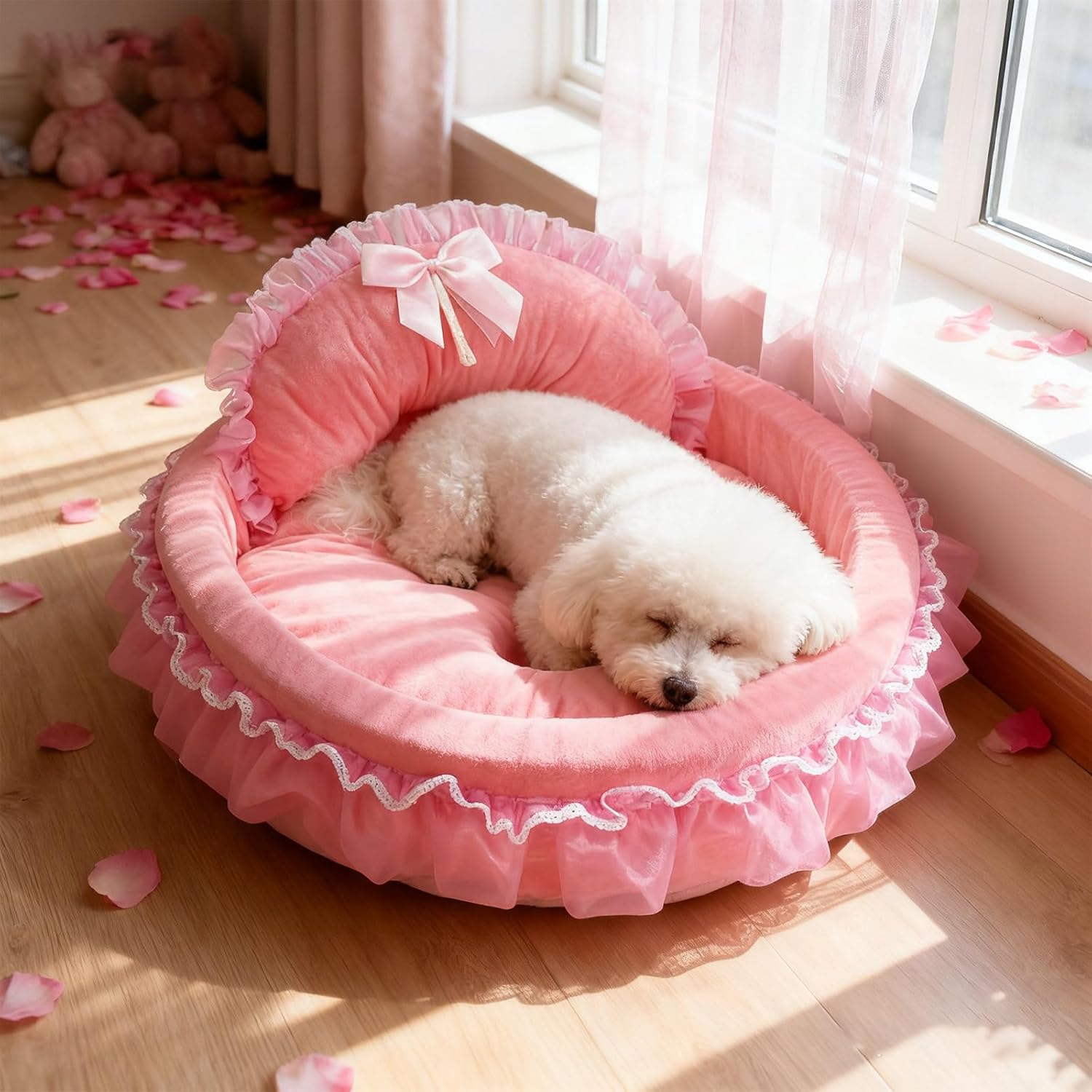PetPhindU Pet Bed Washable Princess Soft Plush Warm Cave Sofa Cushion, Cozy Snuggle Nest Mat Comfy Kennel Sleeping Pad for Small Medium Dogs Cats (Pink,18.9in)