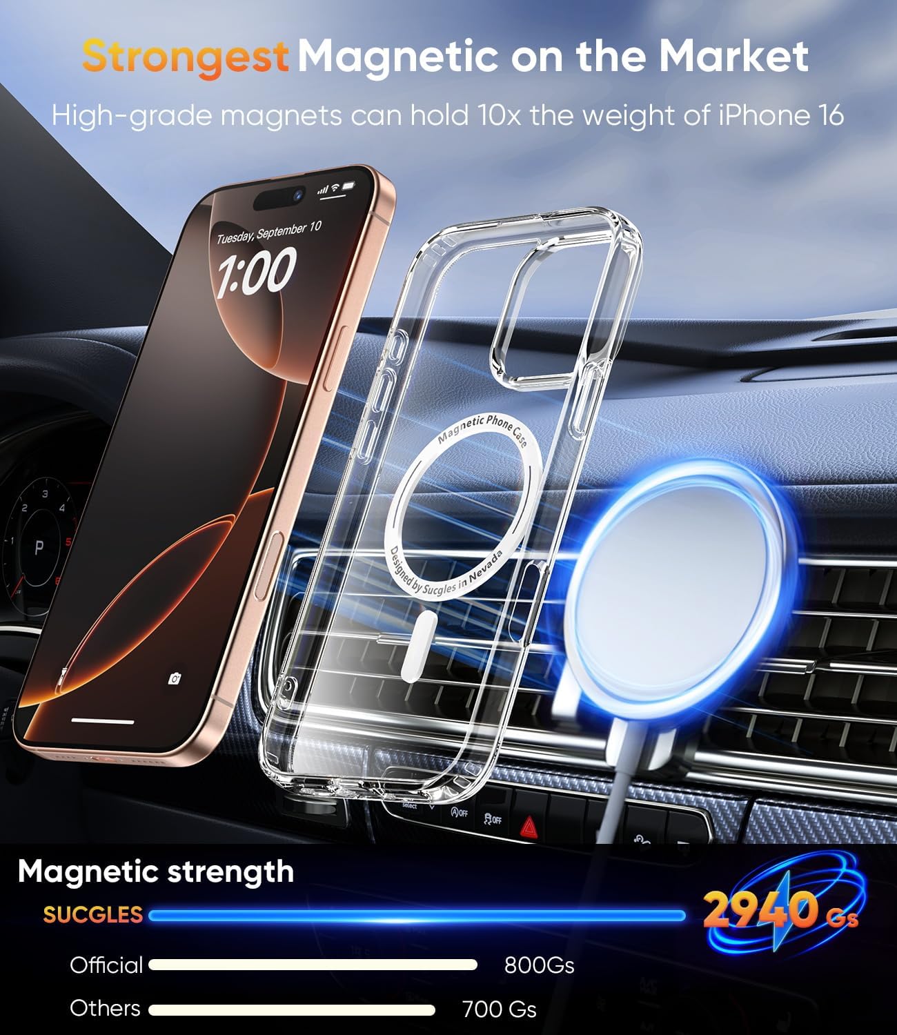 SUCGLES for iPhone 16 Pro Case with MagSafe, N56 Strong Magnet, 12FT Drop Protection, Anti-Yellowing Magnetic Slim Case (Crystal Clear) - Image 2