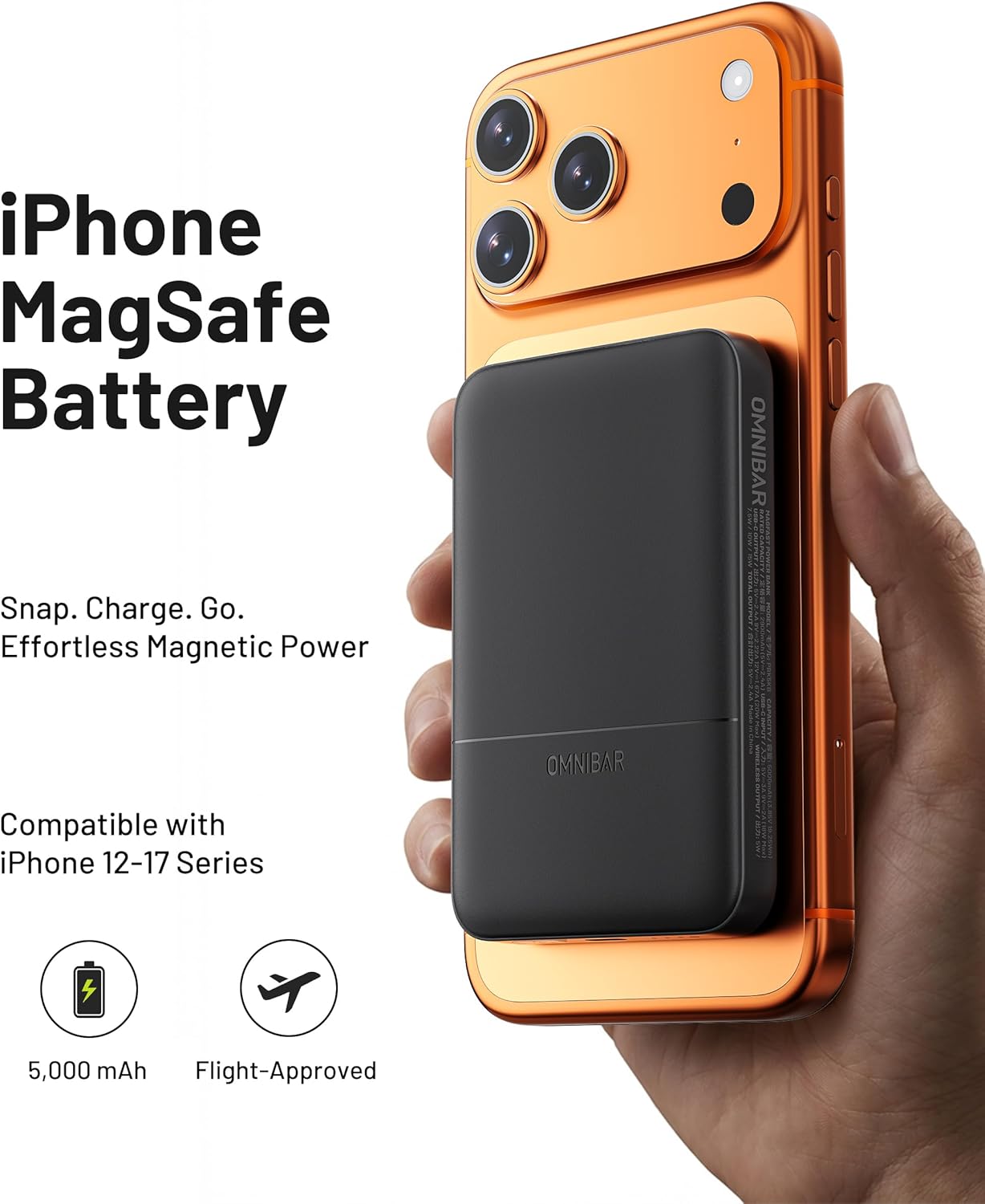 Magnetic Power Bank for iPhone, 5,000mAh MagSafe Portable Charger, 0.5'' Slim Wireless Power Bank with USB C Cable, Travel Essentials Magnetic Battery Pack for iPhone 17/16/15/14/13/12, Black