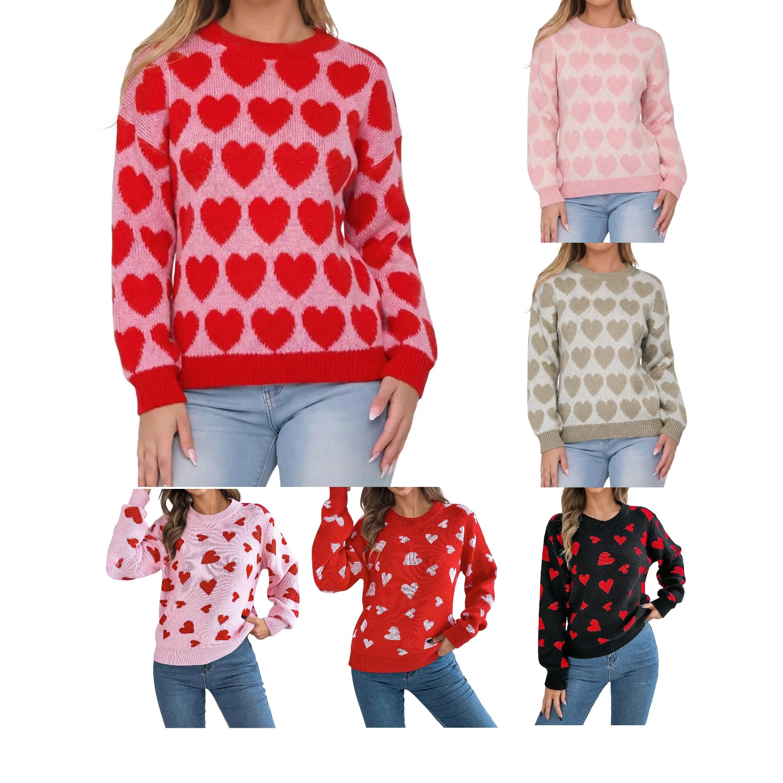 Heart Sweater Womens Pullover Sweaters Knit Long Sleeve Crew Neck Casual Loose Lightweight Sweatshirts Blouse Tops