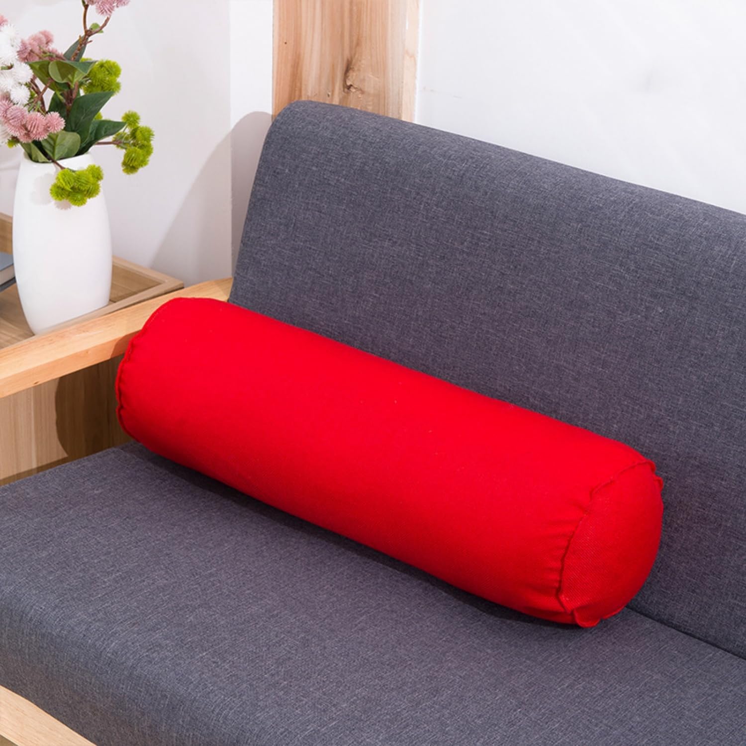 Round Neck Pillow Roll Linen Bolster Pillow Long Lumbar Pillow Arm Support Pillow Neck Pain Relief Cylinder Bolster Pillow with Removable Cover for Sleeping/Chair/Car/Sofa (Red), 15x40cm
