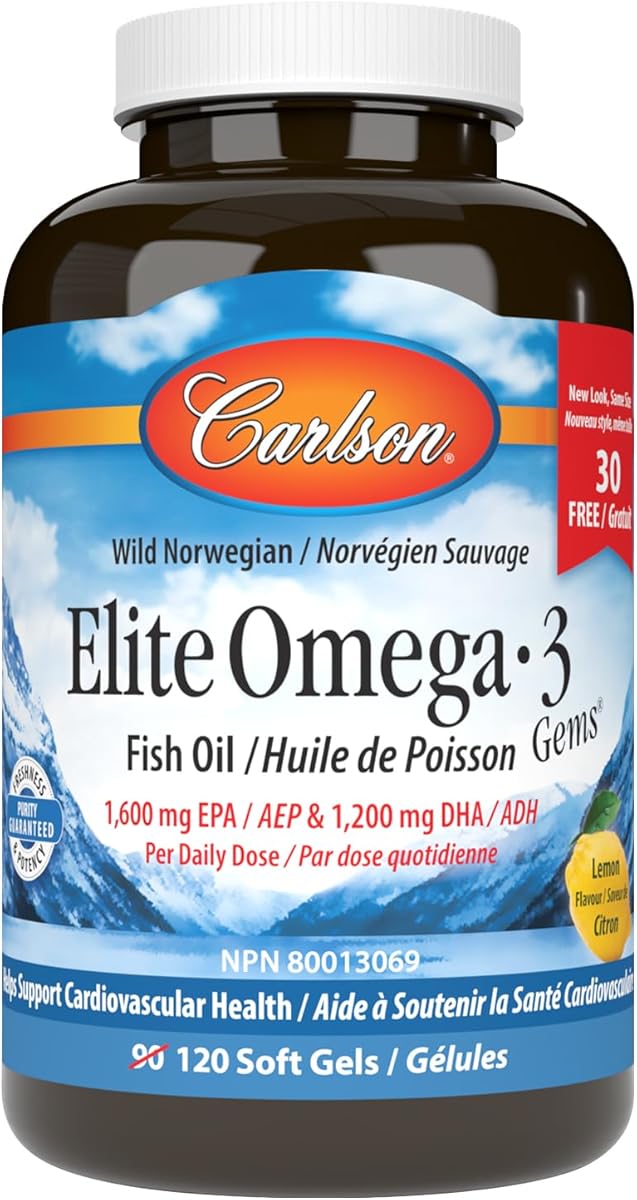 Carlson Carlson - Elite Omega-3 Gems, 3200 mg Fatty Acids Including EPA and DHA, Norwegian, Wild-Caught Fish Oil Supplement, Sustainably Sourced Omega 3 Fish Oil Capsules, Lemon, 90+30 Softgels