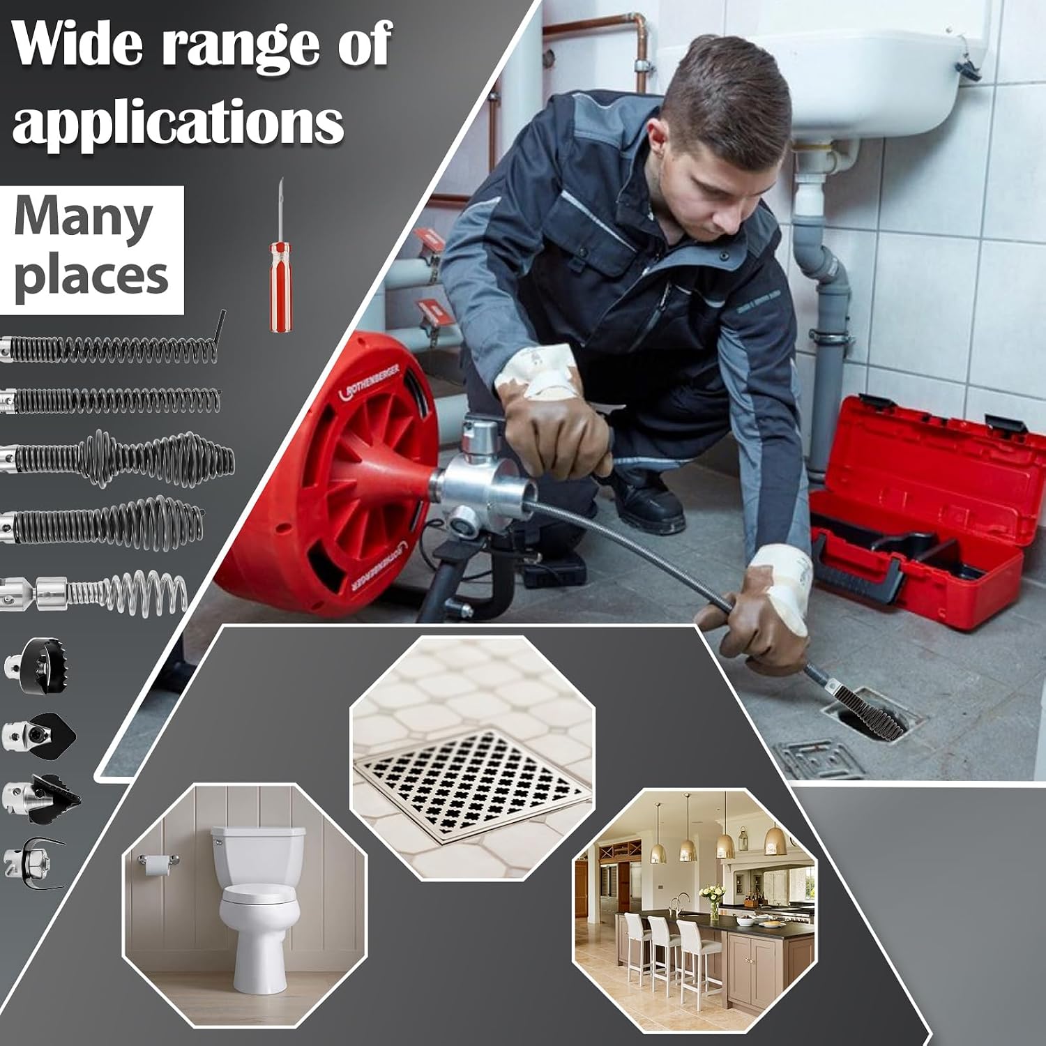 10Pcs Drain Snake Drill Attachment Drain Auger Cutter Kit Compatible with K-400 C-4 C-6 C-7 C-8 C-9 Cleaning Machine, 5/8 Inch Auger Cutter Heads & Spiral Tips Set for Plumbers, DIYers