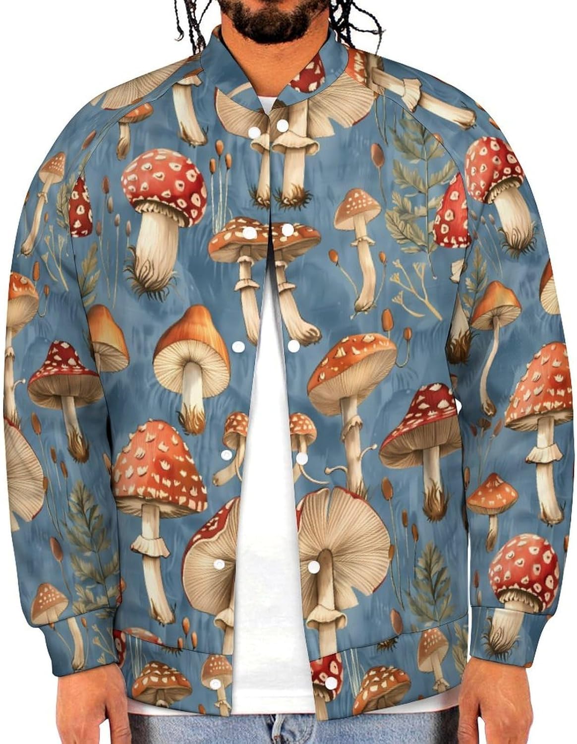 Mushroom Novelty Men's Baseball Jackets Causal Sweatshirt Button Top Long Sleeve Coat