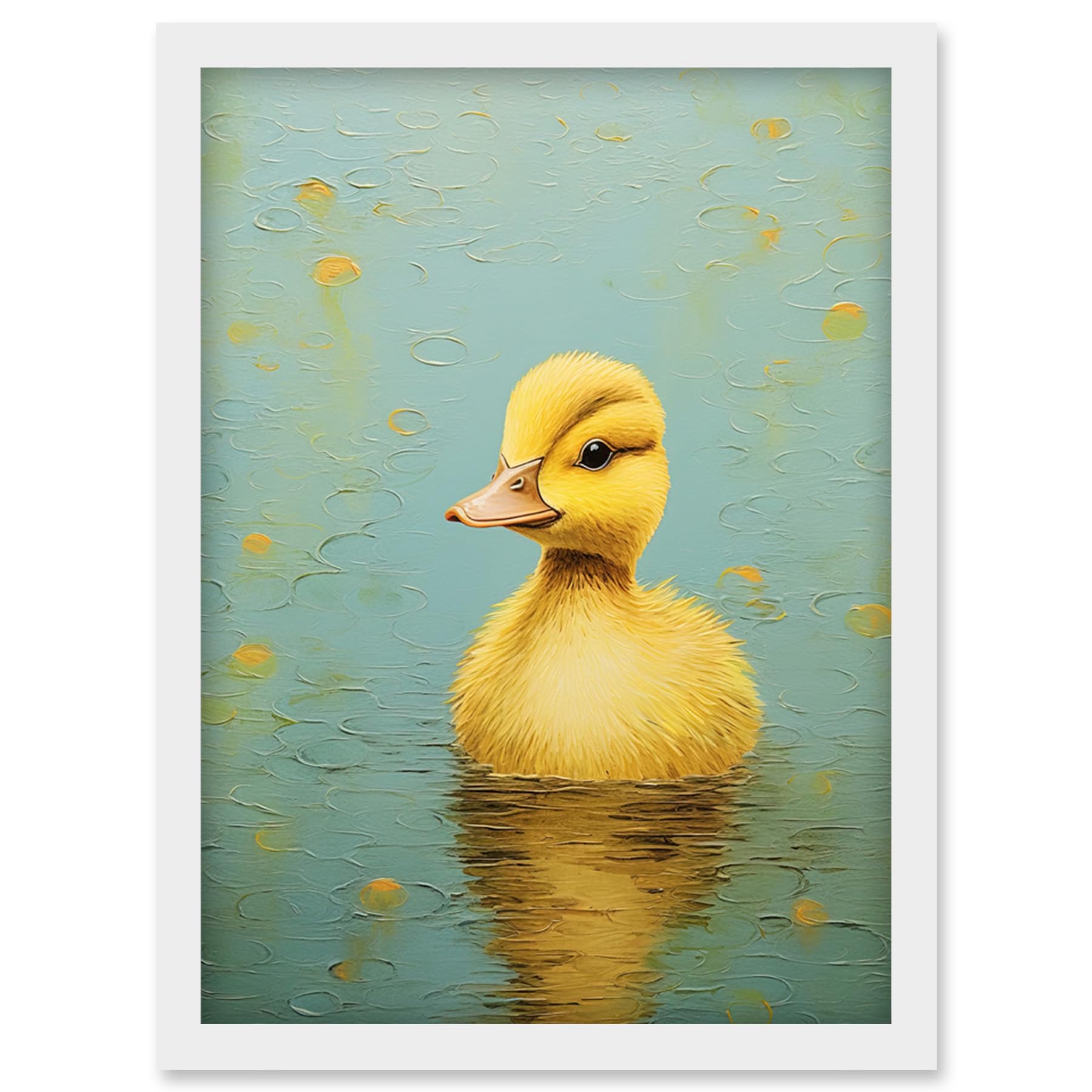 A4 Duckling on Water Oil Painting Print - Yellow & Duck Egg Blue Baby Artwork Framed - Artery8