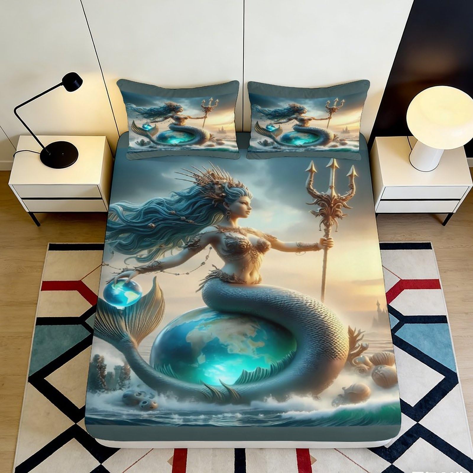 3D Printed Ocean Goddess Fitted Sheet Microfiber Soft Artistic Mermaid Bed Cover for Bedroom Dorm Decor Protection 90x200x25cm