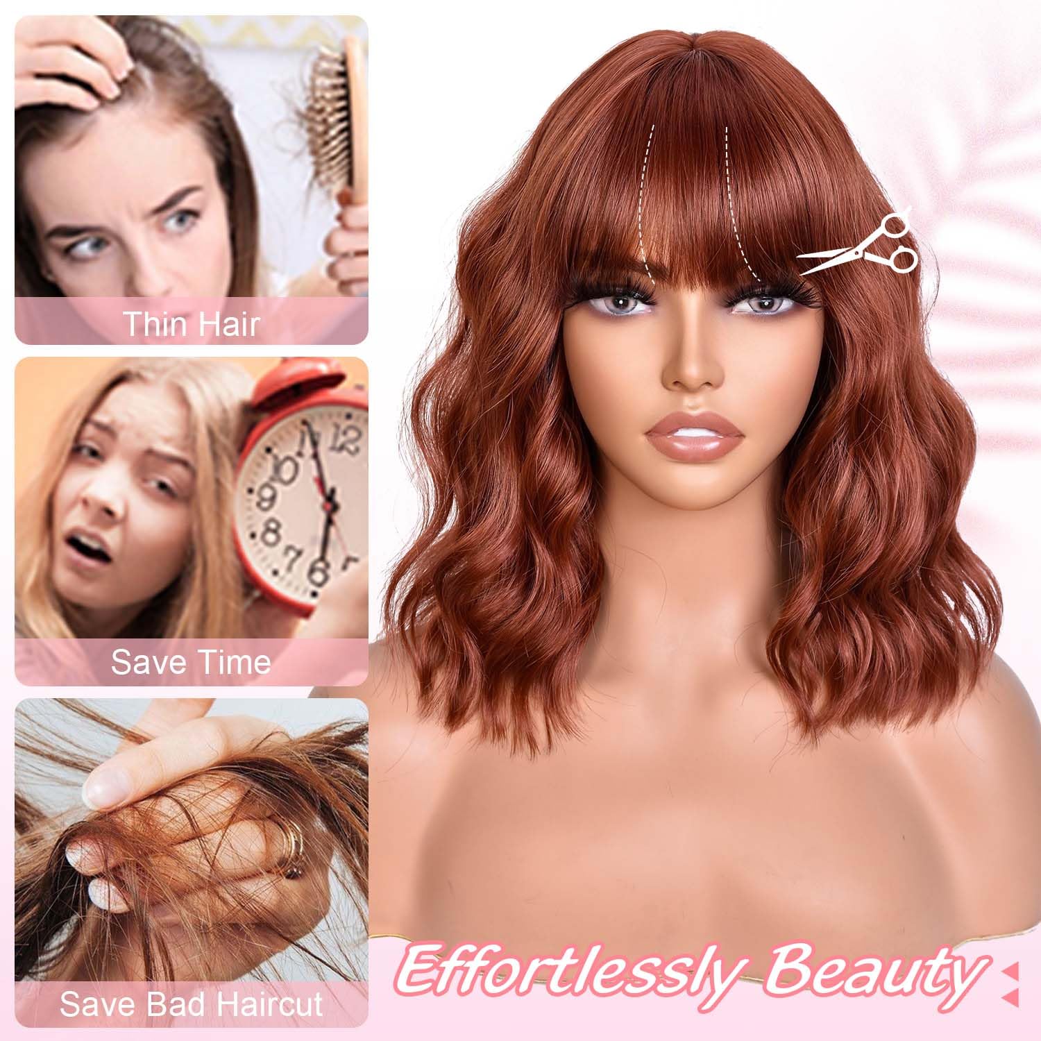 Bob Wig With Bangs Wave Wigs for Women 14 Inch Short Loose Wavy Heat Resistant Synthetic Wig Shoulder Length Hair for Daily and Cospaly Party Use (Auburn)