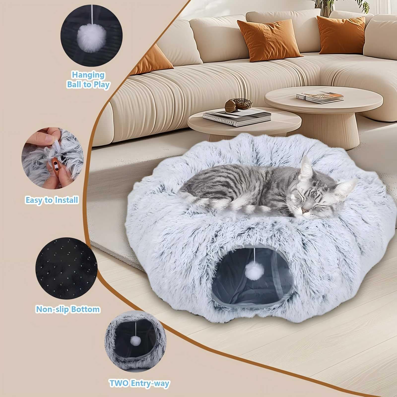 Tunnel Chat Pliable 2 en 1 avec Lit De Chat, Tunnel pour Chat D'IntéRieur avec Deux EntréEs Et des Balles Suspendues, Rond Tunnel Multifonctionnel pour Chats, Petits Lapins, Chiots Et Furets