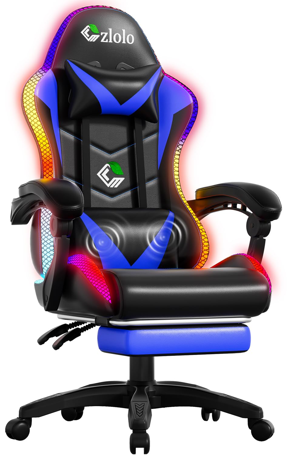Gaming Chair, Racing Style RGB LED Lights Gaming Chairs for Adults and Kids, Lumbar Massager Gamer Chair, High Back Reclining Computer Chair with Footrest and Headrest (Black/Blue)