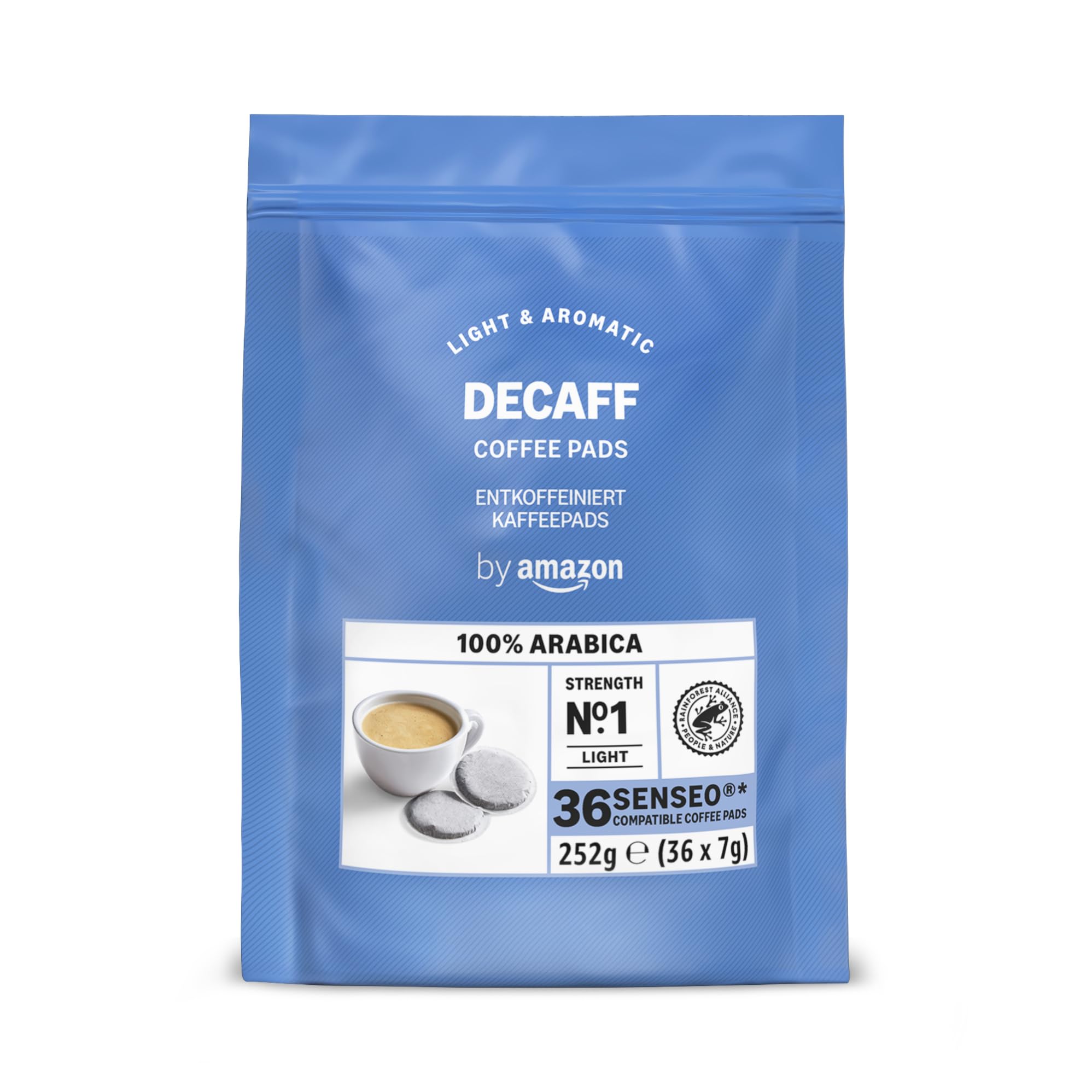 by Amazon Entkoffeinierte 100% Arabica-Kaffeepads, geeignet für Senseo-Maschinen, mittlere Röstung, 36 Stück (1 Packung mit 36 Stück) – Rainforest Alliance-zertifiziert