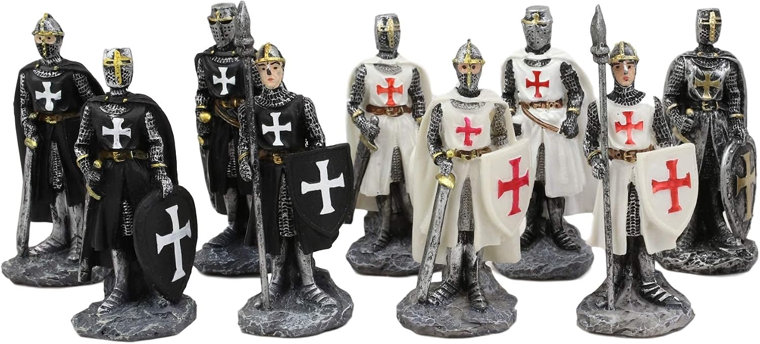 Ebros Gift Set of 12 Medieval Knights of The Cross Crusaders with Swords Halberds and Shields Figurines Suit of Armor Miniature European Knight Décor Sculptures