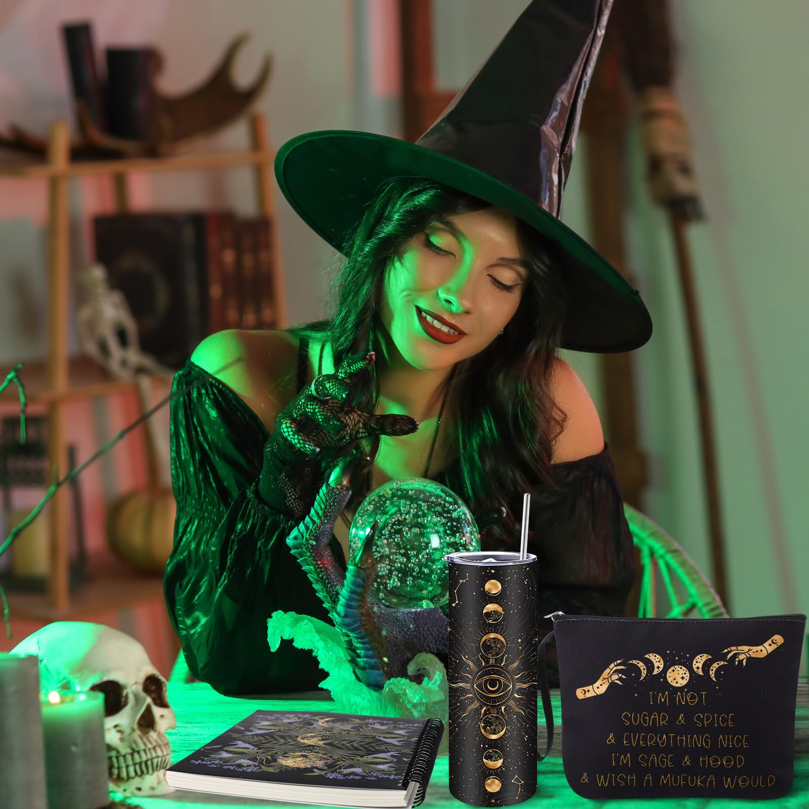 FoldTier 6 Pcs Gothic Witch Gift 1 Moon Phase Tumbler with Lids and Straw 1 Witchy Makeup Bag & 1 Journal Notebook 3 Inspirational Ballpoint Pens Xmas Witchcraft Lover Gift for Women Friends