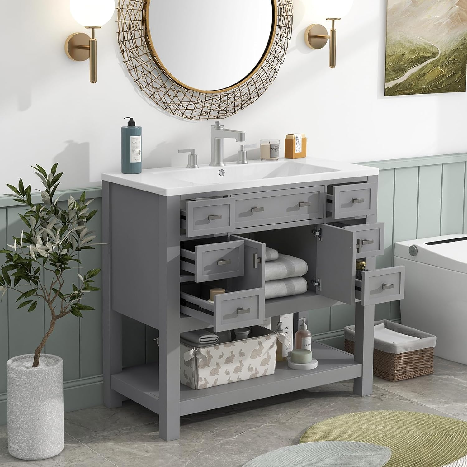 36" Bathroom Vanity and Sink Combo Cabinet, Single Bathroom Vanity with 2 Soft Closing Doors and 6 Drawers Modern Bathroom Storage Cabinet with Ceramic Sink Freestanding Bathroom Vanity Set, Gray