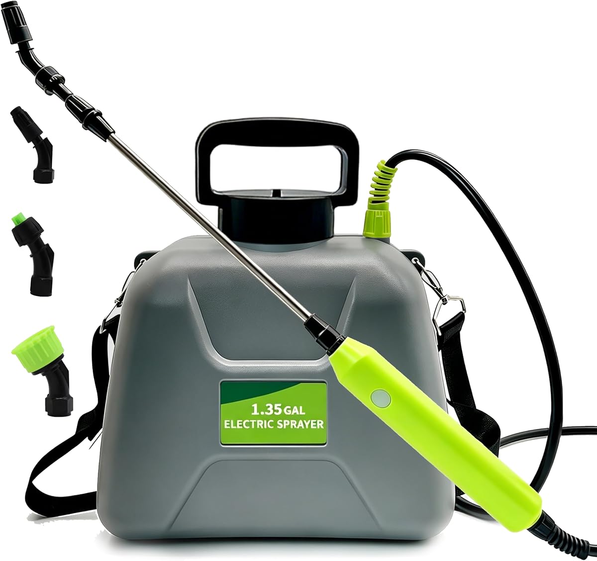 1.35 Gallon Battery Powered Sprayer, Covers 3,000 Sq Ft per Tank – Electric Sprayer with 3 Interchangeable Nozzles, Adjustable Shoulder Strap for Lawn, Garden, Weed Control – Gray