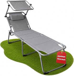 Sonnenliege klappbar gepolstert mit Kopfkissen & Sonnendach grau bis 150kg 193x59x45cm extra hoch & breit - Gartenliege wetterfest Liegestuhl klappbar mit 4-fach verstellbarer Rückenlehne Relaxliege S