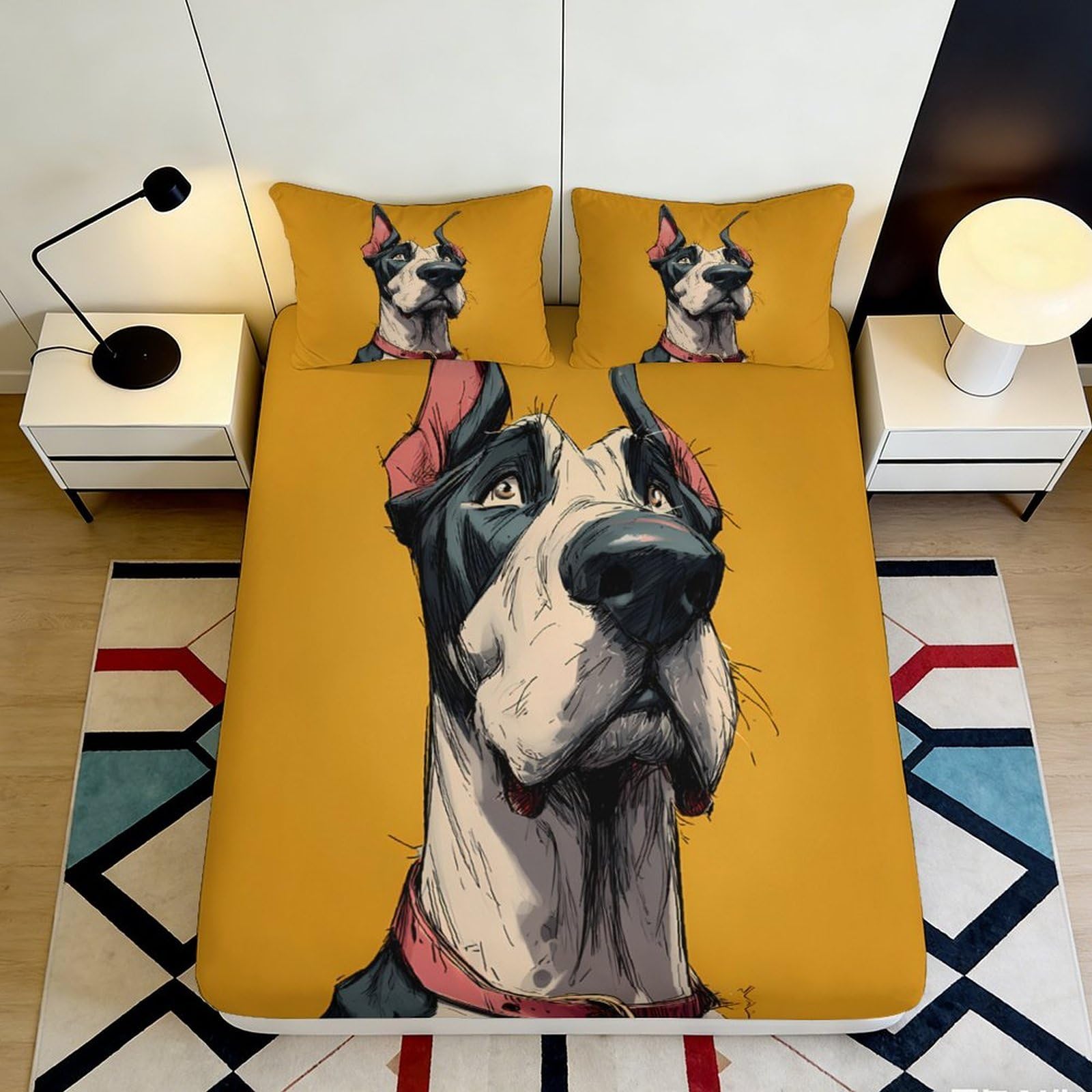 3D Printed Great Dane Dog Fitted Sheet Microfiber Soft Durable Cartoon Pet Bed Cover for Bedroom Dormitory Guest Room Mattress Protection Decor 140x200x25cm