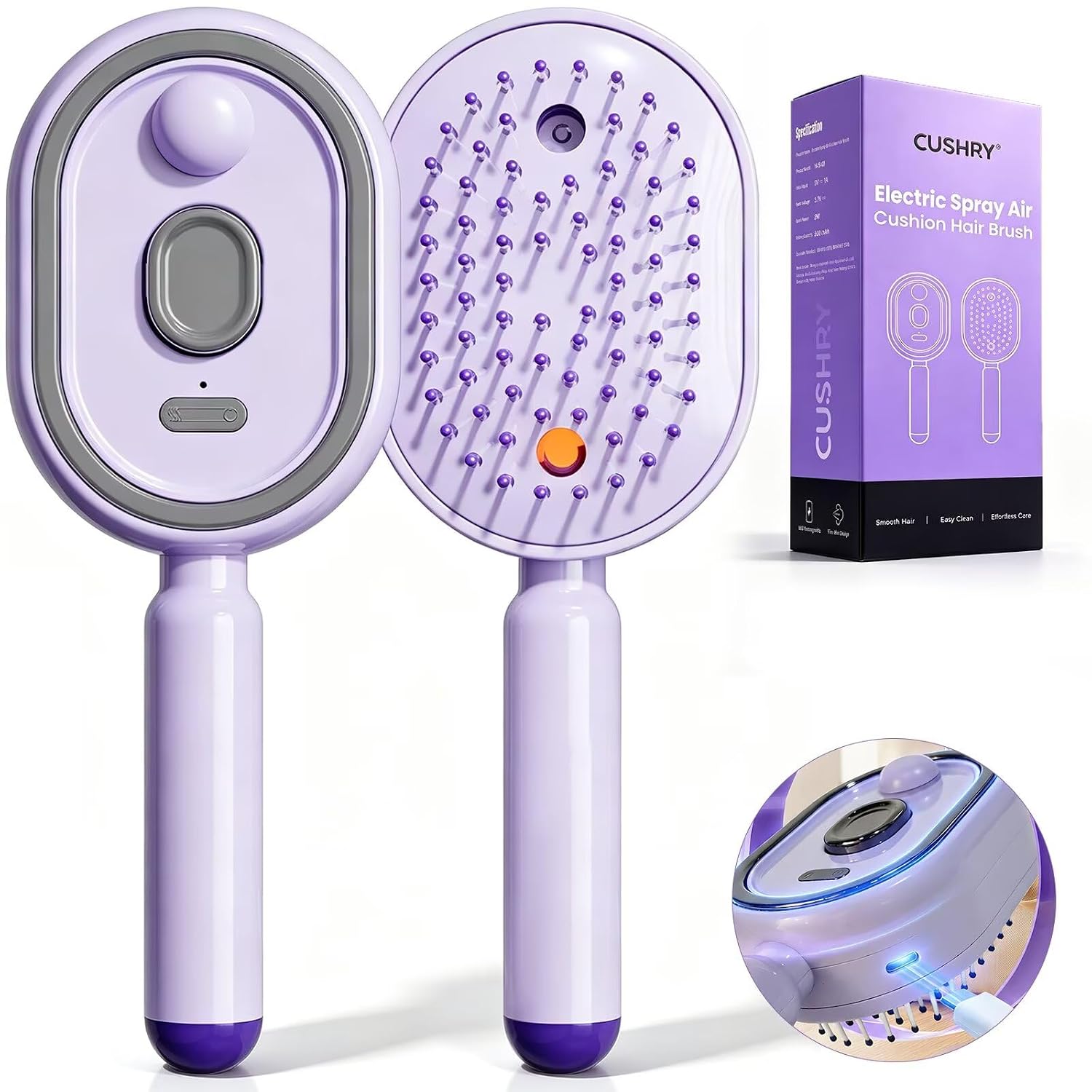 Electric Spray Air Cushion Massage Comb, 2026 Upgrade Electric Steam Hair Brush with Misting Detangling for Dry Frizzy Hair, Self-Cleaning Gloss Enhancing Care Brush for Women (Plum)