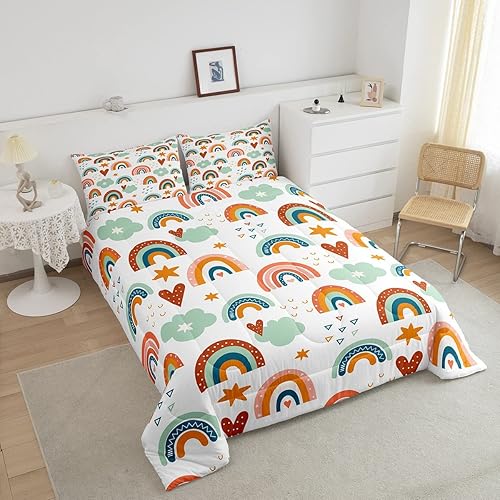 Miniatura 2 de Edredón de arcoíris para niños, tamaño individual, diseño de estrellas de dibujos animados, corazones y nubes de amor, juegos y juegos para