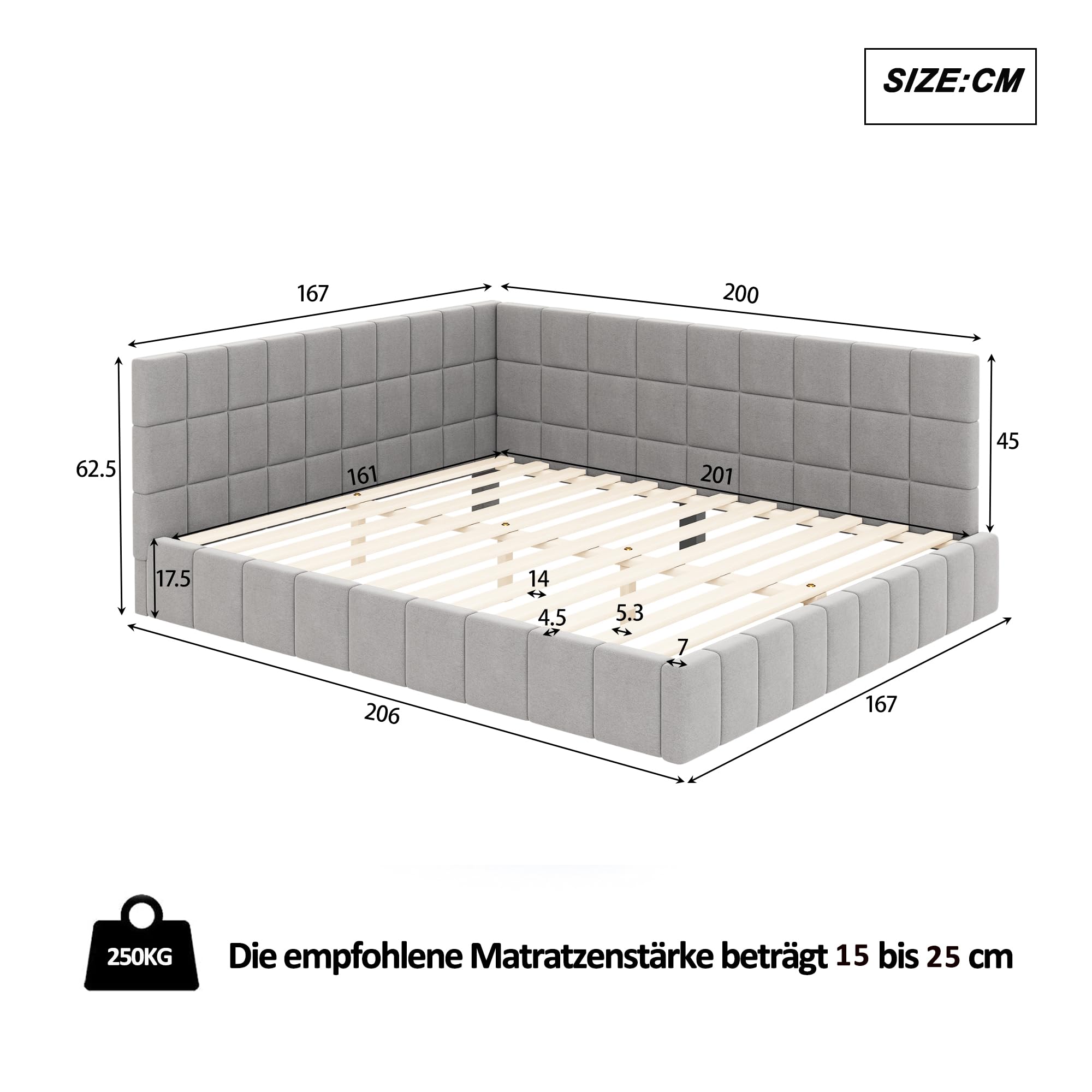 Sapgaks Canapé lit 2 places160x200,Cadre de lit 160x200 avec sommier à Lattes,2 Personnes,Multifonctionnel avec Tissu Velours,Gris(sans Matelas)