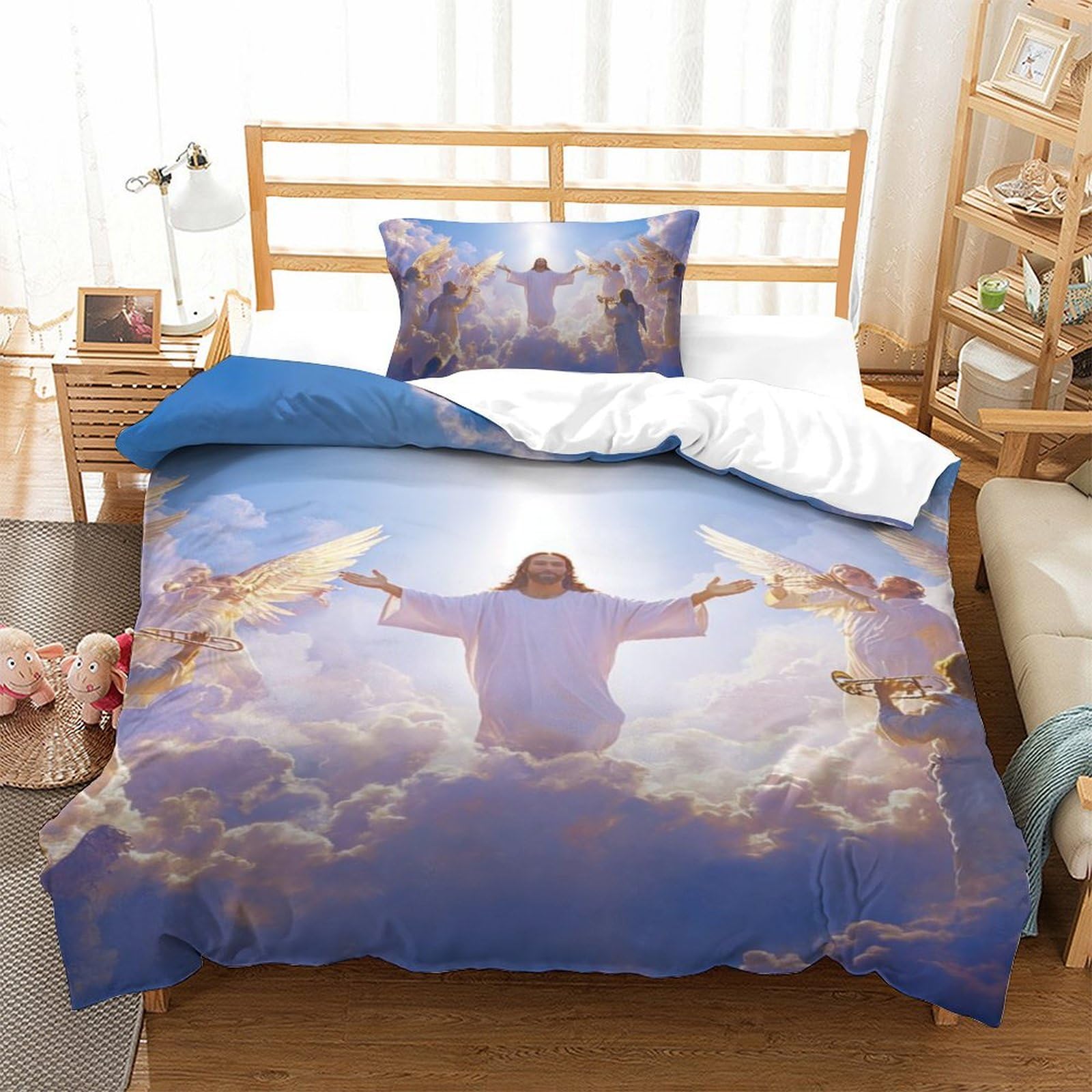 Housse de couette Jésus 3D en microfibre 135x200cm avec taies d'oreiller
