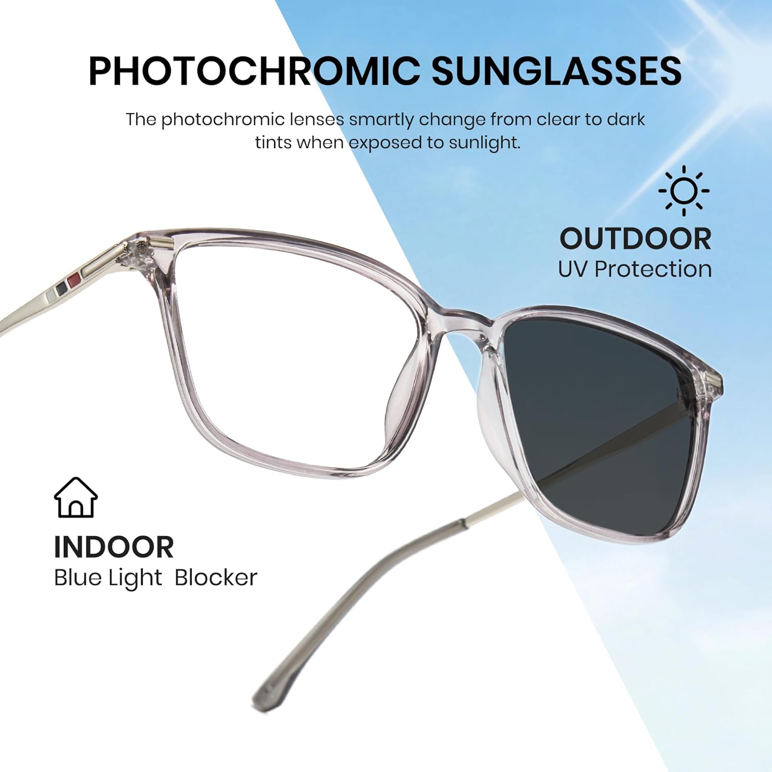 Cyxus Blue Light Blocking Glasses Photochromic Men Square Computer Gaming UV400 Protection 8208iT43