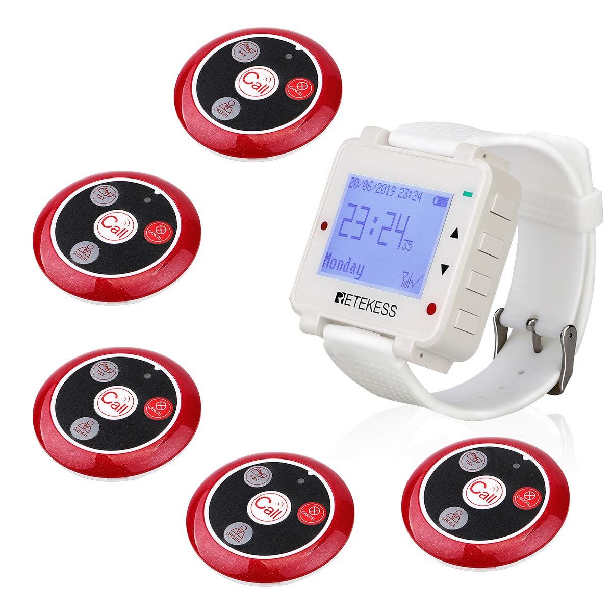 Retekess T128 Caregiver Pager,Smart Call Button,Vibration,Buzzer,Alert Service,5 PCS 4-Key Waterproof Alarm Call Button for Elderly,Patient,Nurse,Sick