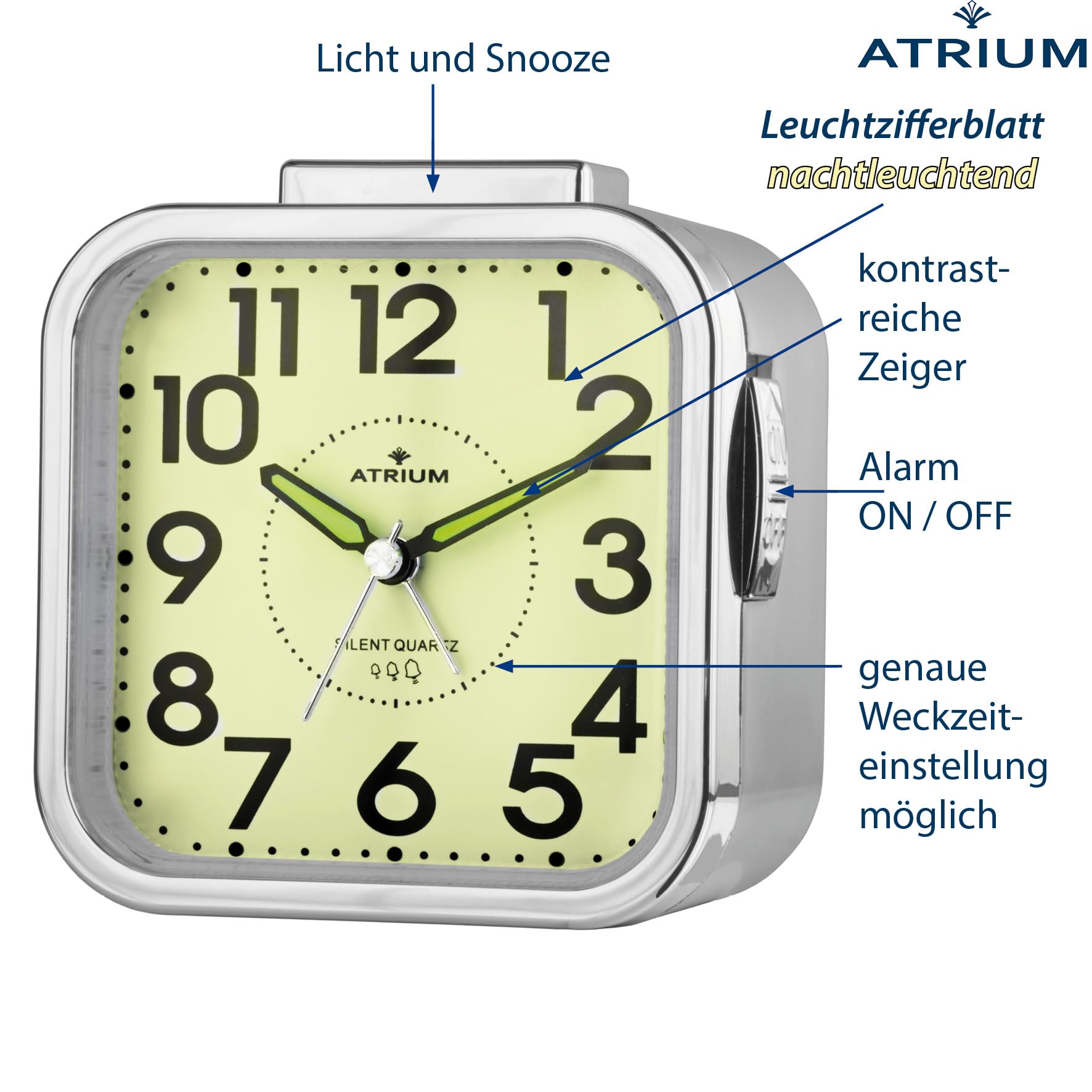 Atrium Budzik dla seniorów, bardzo wyraźny, ze świecącą tarczą, analogowy, kwarcowy, bez tykania, duże cyfry, bardzo głośny sygnał dzwonka, kolor srebrny A530-18