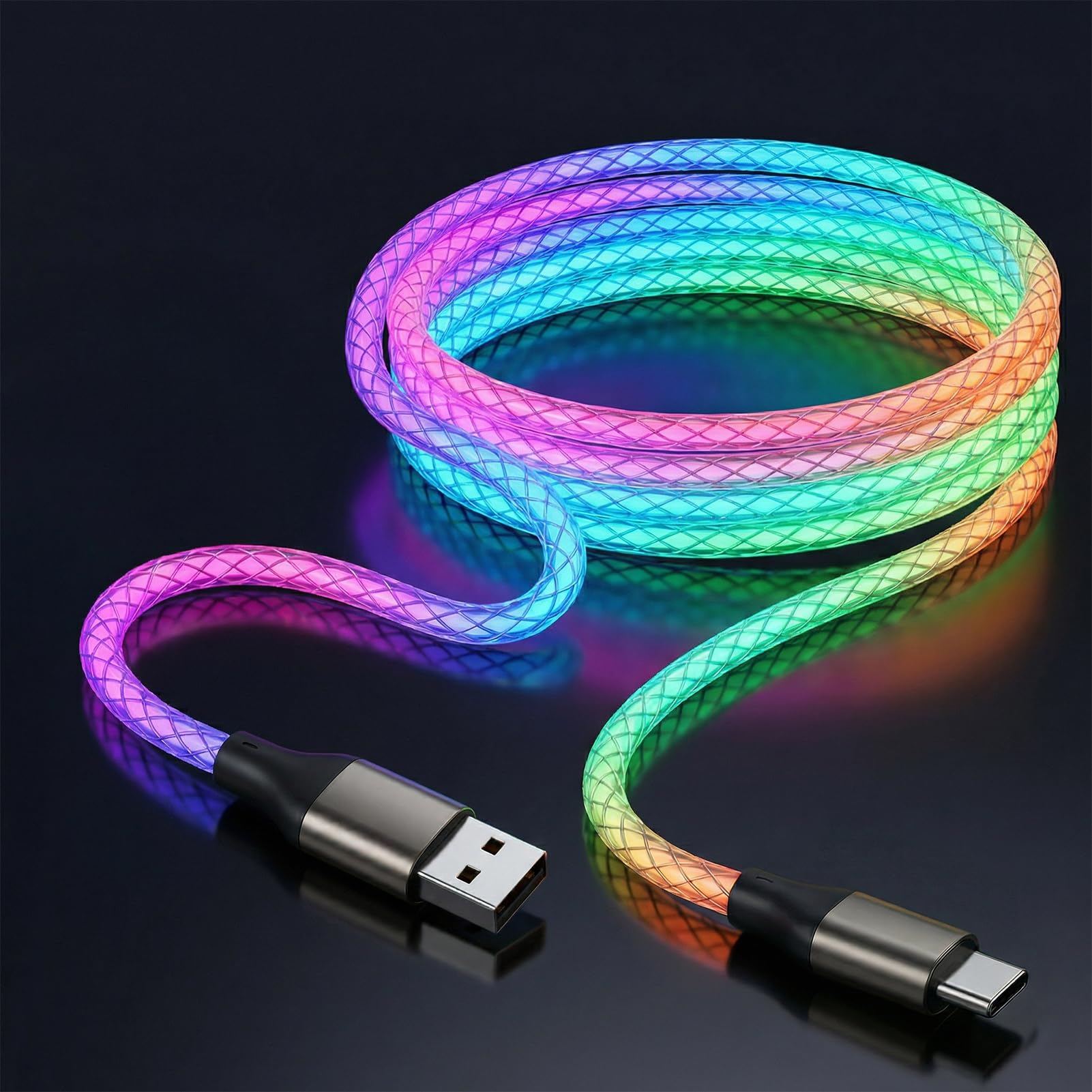 Cavo di ricarica USB C da 6 A, ricarica rapida, colore graduale RGB, 66 W, cavo di sincronizzazione dati da USB A a USB C, compatibile con iPhone 15/16, Samsung Galaxy S23/S24/S25 Ultra (multicolore