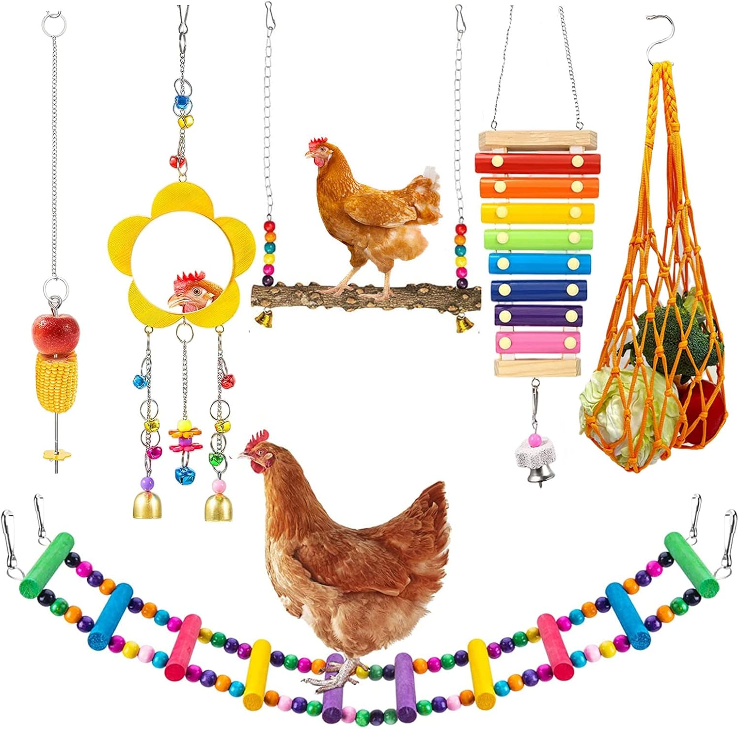 Longer Chain Chicken Toys for Coop Accessories 7PCS, Chicken Swing Ladder Perch roosts, Chicken Xylophone Chicken Mirror with Bells Vegetable Fruits Hanging Chicken Feeder for hens in Coop Bird Parrot