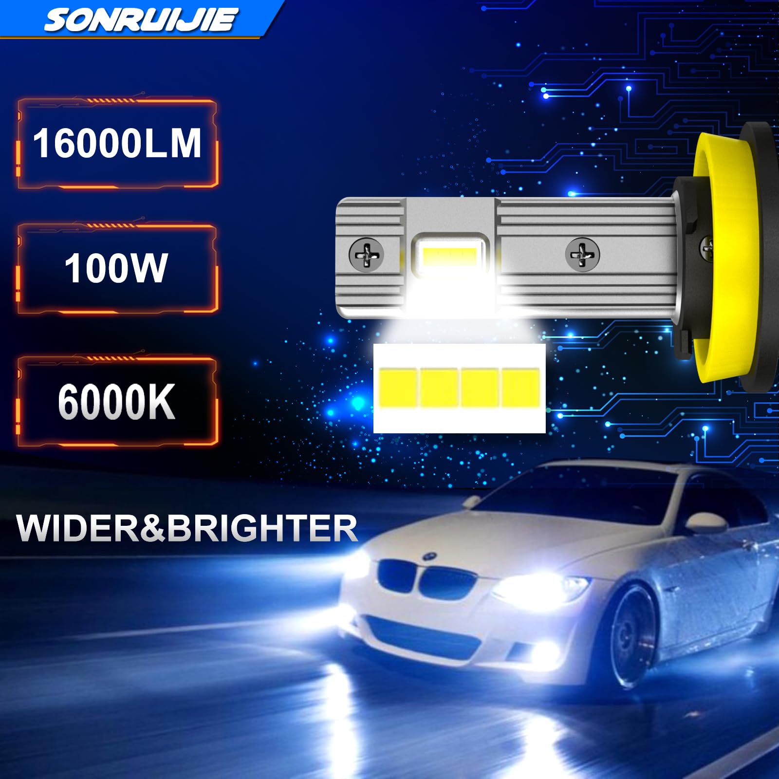 Żarówka reflektorowa H8 H9 H11 LED, 16000 lumenów, 6000K, chłodne białe światło, zestaw do konwersji świateł drogowych i mijania, 2 sztuki