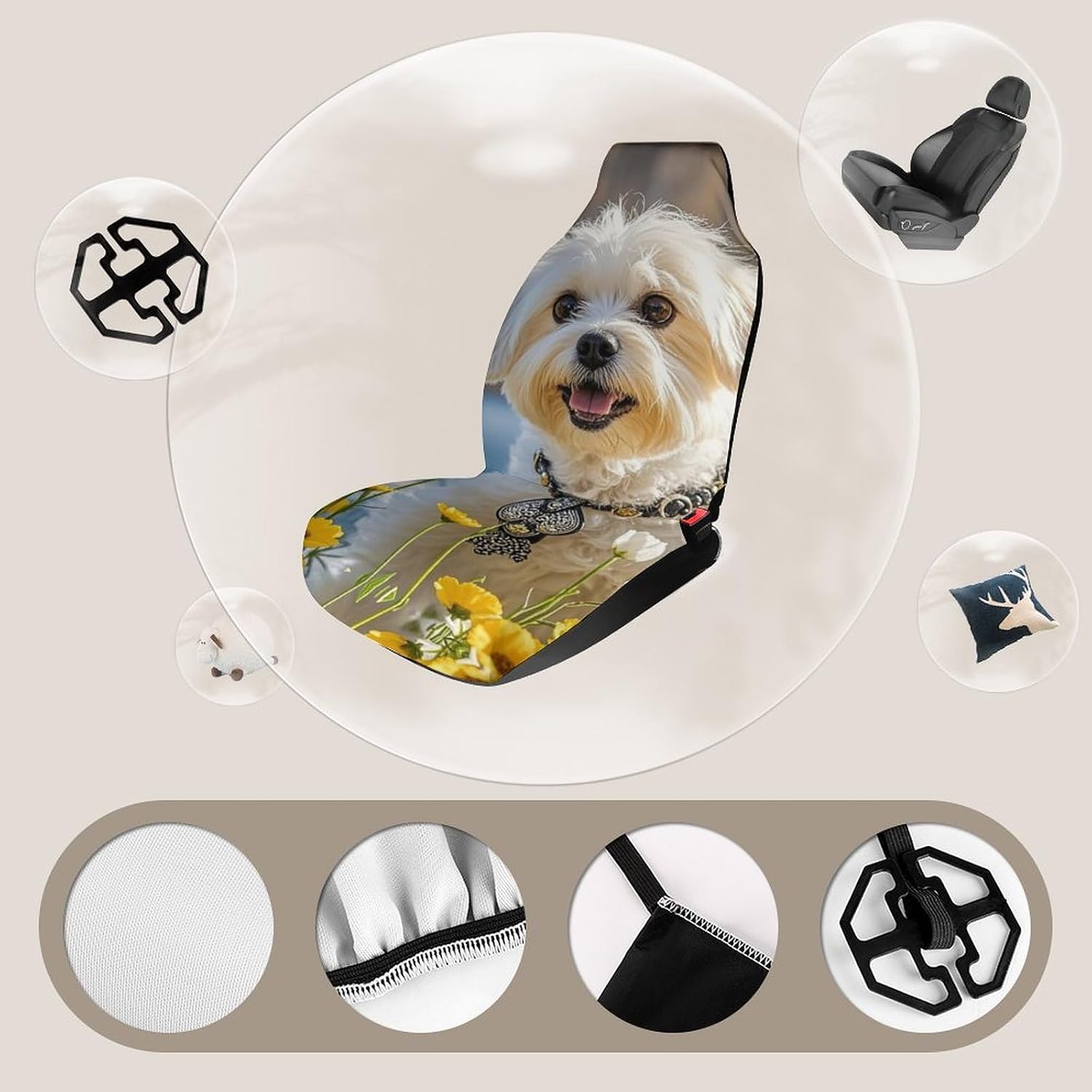 Breathable Car Seat Cover Maltese Dog Car Front Seat Protector with Elastic Band Edge Auto Seats Cushions Cars Interior Accessories Fit SUV Sedan Van Truck 2PCS