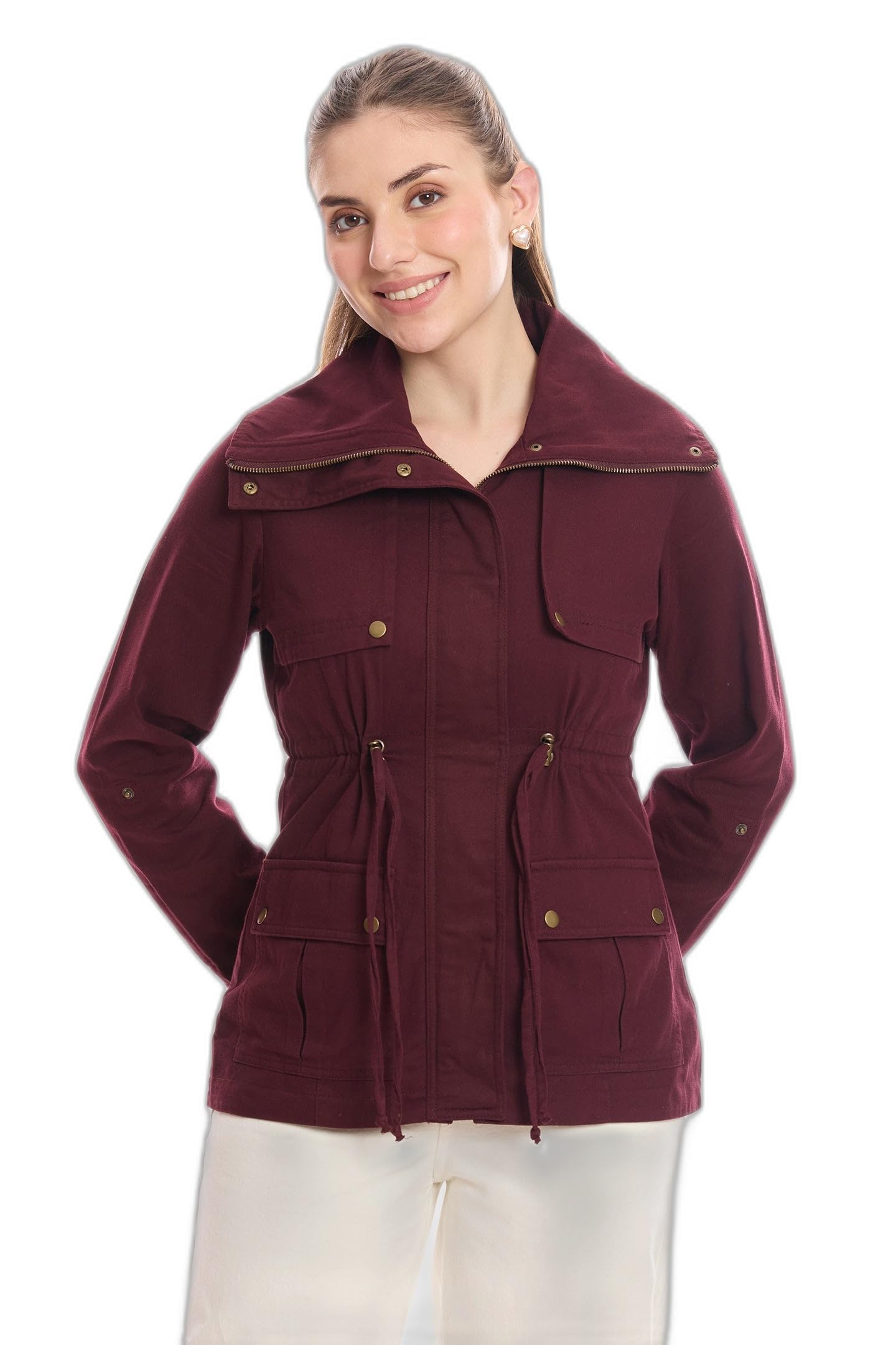 virgio Women’s Regular Fit Utility Jacket – Travel Ready Winter Jacket with Flange Detail, Rolled-Up Sleeves & Adjustable Waist, Functional Pocket Utility Outerwear, Button Closure, Daywear-picture-10