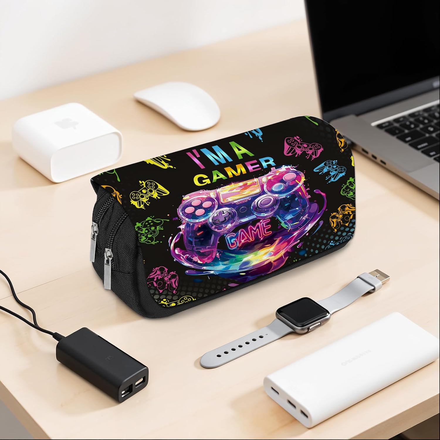 Gamer Pencil Case for Boys & Girls - Video Game Themed Pouch with Gamepad Design, Large Capacity Zippered Pen Bag, Flip Top Gaming Stationery Holder for School, Office, Back to School Supplies
