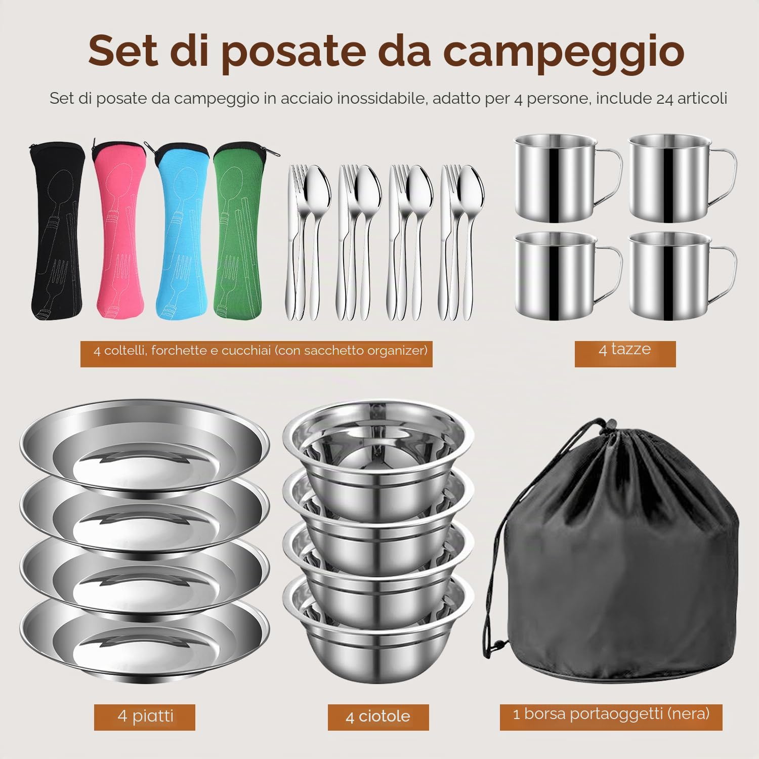 Tissting 24 Pezzi Pentole da Campeggio Kit Acciaio Inox 4 Persone Campeggio Piatti Set con Piatti Tazze Cucchiai Forchette, Utensili Argenteria Outdoor per Viaggi Escursioni Picnic