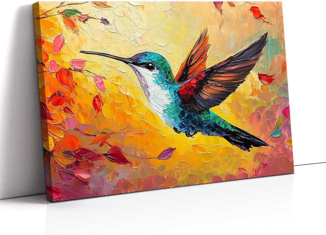 LYUNSHUO Birds Canvas Wall Art Hummingbirds on Branch Picture Print Pink Flowers Poster Animal Painting Artwork for Rustic Farmhouse Bathroom Home Decor Framed(Birds-1,12.00"x18.00")