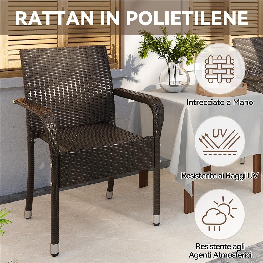 Yaheetech Set di 2 Sedie Impilabili in Rattan Sedia da Giardino con Braccioli Piedini Regolabili e Schienale per Giardino Balcone PatioTerrazza Marrone