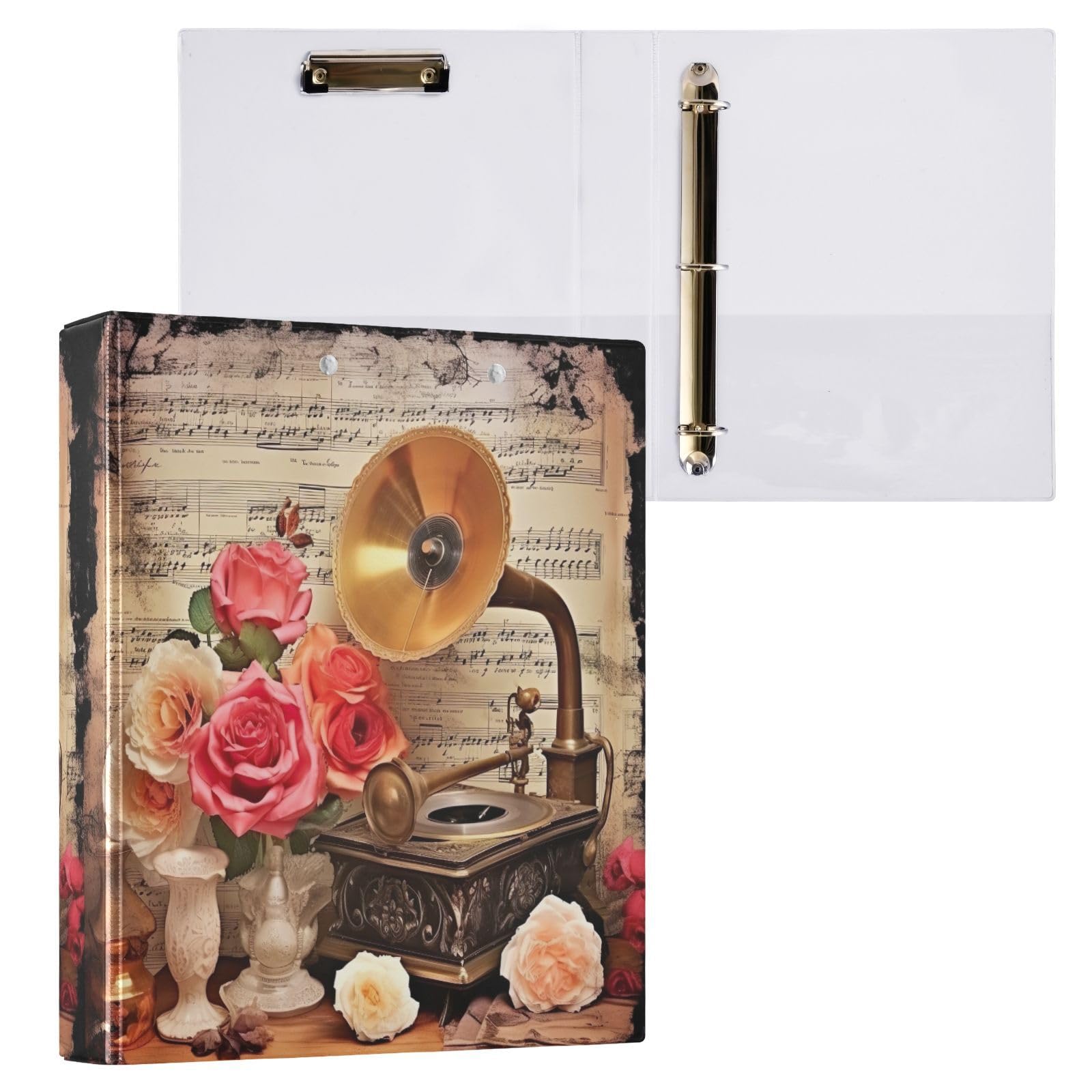 2 raccoglitori ad anelli da 3 pollici, vintage, con grammofono e rose, con clip in metallo, formato lettera, per casa e ufficio