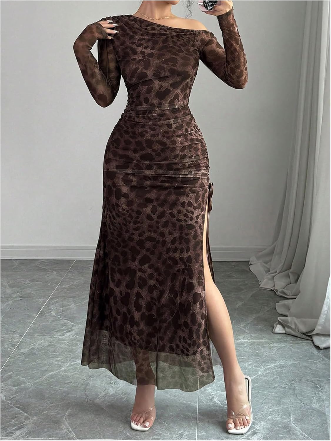 Milumia Women's Leopard Mesh Asymmetrical Neck Maxi Dress Long Sleeve Drawstring Slit Thigh Dresses - Image 3