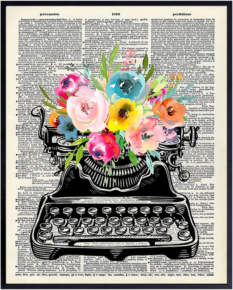 Vintage Floral Typewriter Dictionary Wall Art - 8x10 Sentimental Upcycled Home Decoration, Apartment or Office Decor - Chic Unique Gift for Writer, Teacher, Journalist, Personal Assistant, Secretary