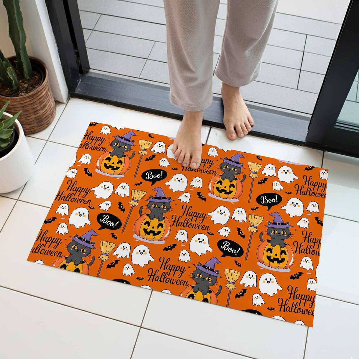Happy Halloween Boo Doormats Rugs- Cartoon Pumpkin Spooky Black Cats Ghosts Non-Slip Entrance Door Mats Carpet Indoor for Home/Bathroom/Kitchen/Bedroom,Large 18x30inch, Orange