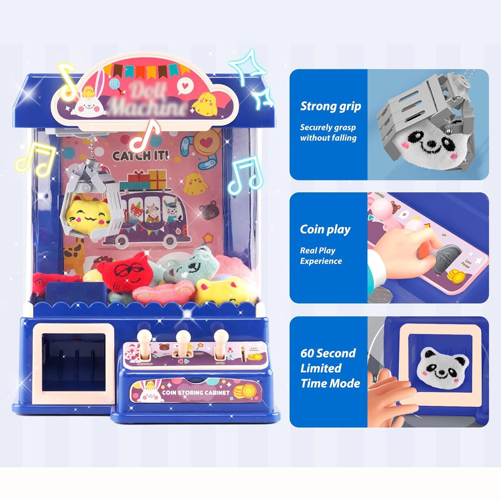 Greifarm Automat, Süßigkeiten Spender Automat mit Licht und Musik,20 Puppen,20 Spielmünzen,10 Gashapons, Spielautomat Lustiges Geschenk für Party-Weihnachten,Blue