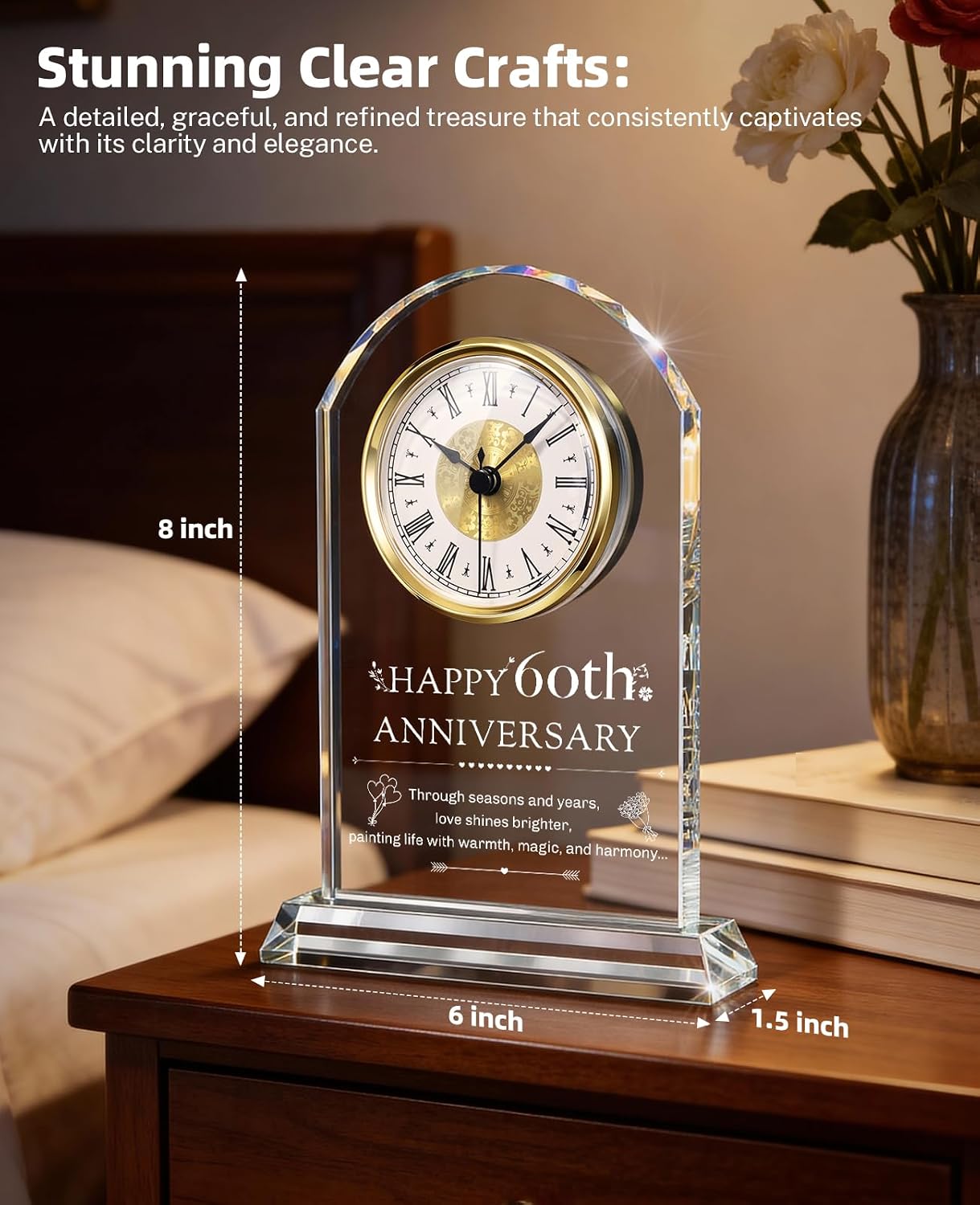 60th Anniversary Wedding Gifts, 60 Year Wedding Anniversary Clock, 60th Anniversary Marriage Gift for Couple, Parents, Him, Her (Glass Base)
