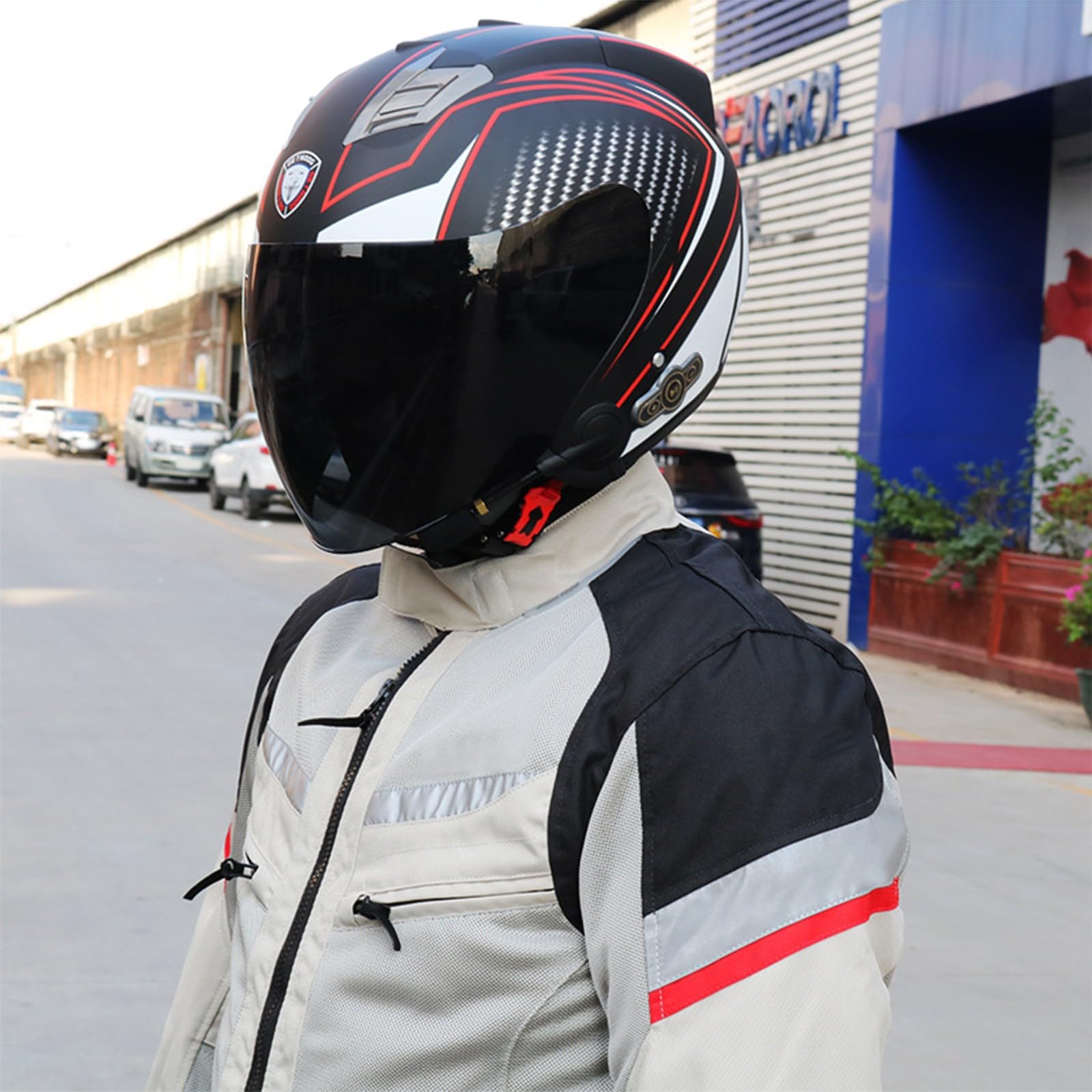 Casco jet con Bluetooth per moto, certificazione ECE, casco con Bluetooth integrato, casco da scooter, casco jet per adulti, uomini e donne, con doppia visiera B, L (59-60cm)
