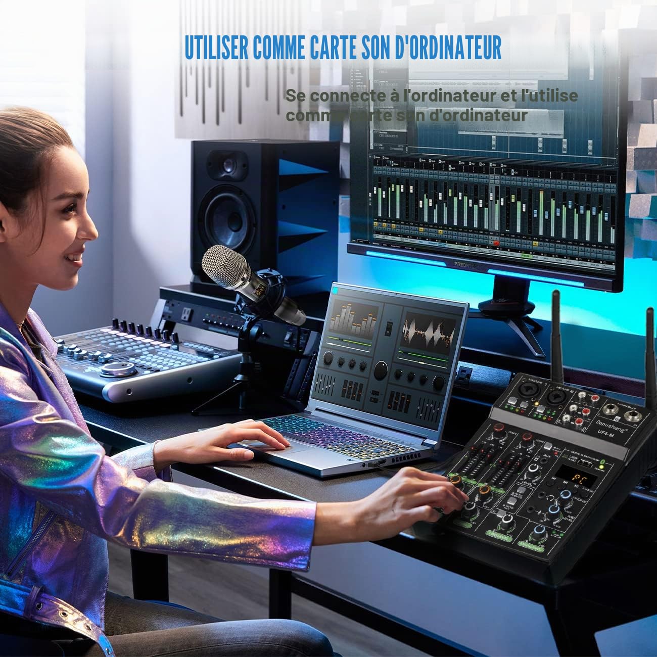 Depusheng UF4-M Table de Mixage Audio Studio - Console de Mixage DJ Numérique 4 Canaux Bluetooth Portable Professionnelle avec Microphone sans Fil